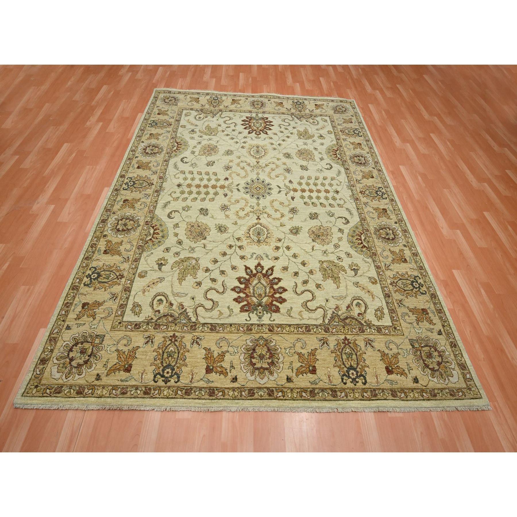 Linen White, Hand Knotted, Agra with Ziegler Design, All Over Leaf Pattern, 100% Wool, Zero Pile, Oriental Rug
Primary materials: Wool
Latex: No Pile 
height: 0.25 Inches
Style: Traditional
Primary color: Ivory
Secondary colors: Yellow, Green, Red,