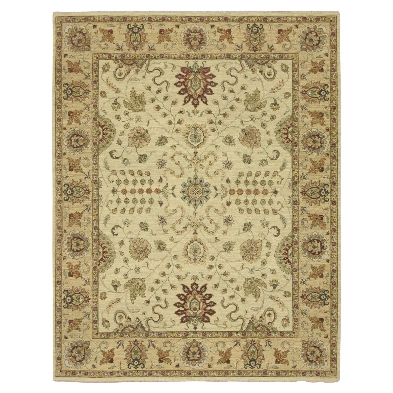 7'3 "x9'3" Ivory Agra with Ziegler Design/One Leaf Pattern Tapis en pure laine noué à la main