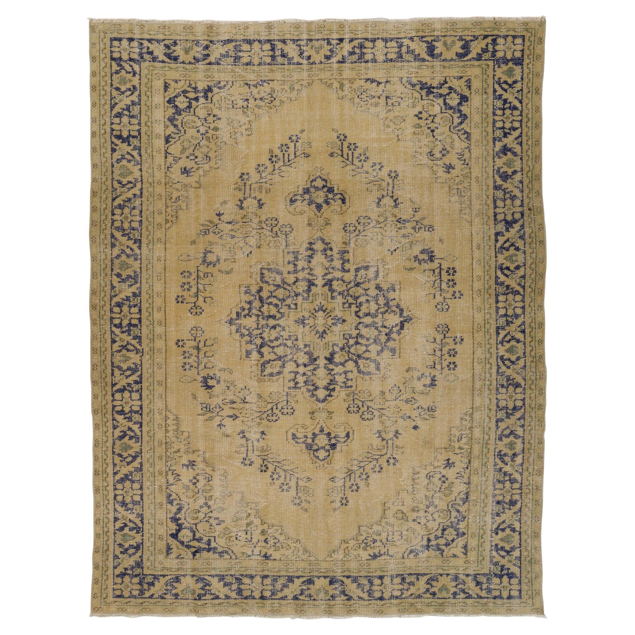 7.3x9.5 Ft Vintage Turkish Oushak Area Rug in Beige and Navy Blue colors. 