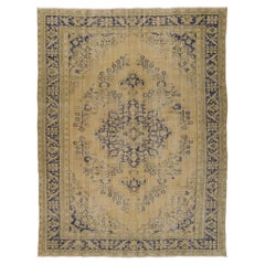 7.3x9.5 Ft Vintage Turkish Oushak Area Rug in Beige and Navy Blue colors. 