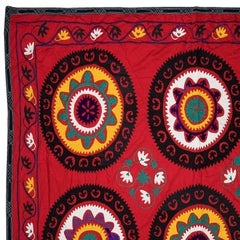 7.3x9.7 Ft Silk Embroidery Bed Cover, Suzani Wall Hanging, Vintage Red Throw