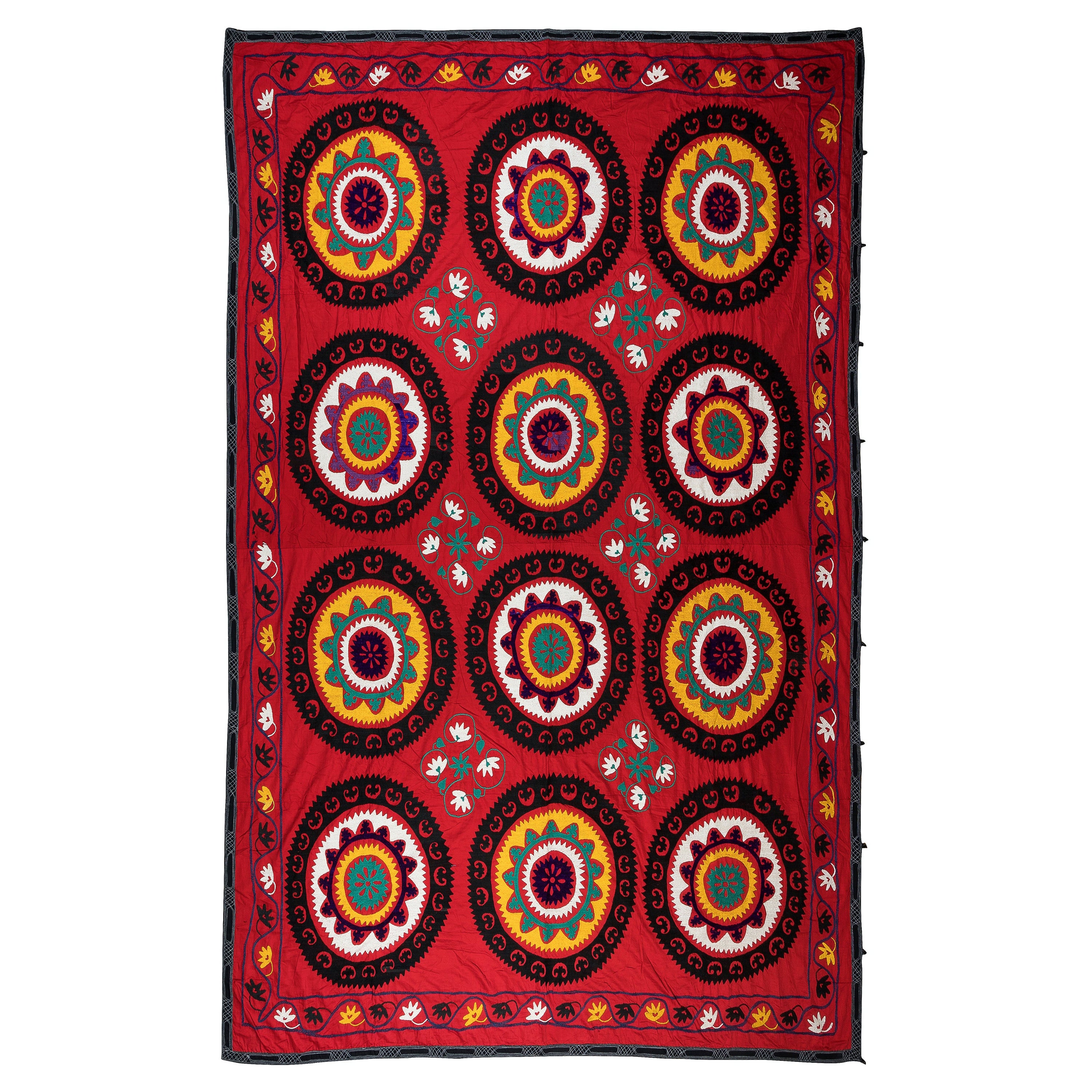 7.3x9.7 Ft Bettbezug aus Seide mit Stickerei, Suzani-Wandbezug, roter Vintage-Überwurf
