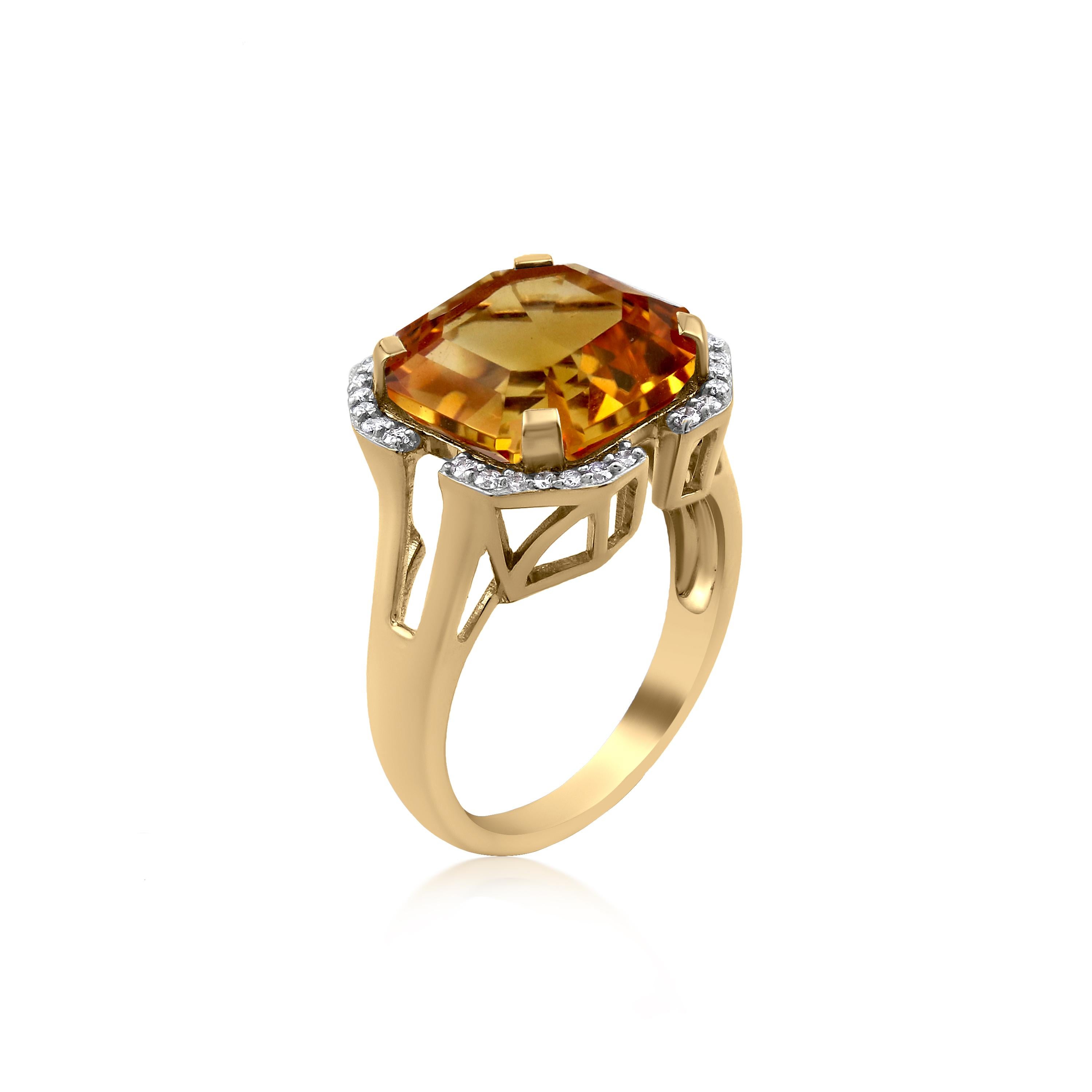 Gemistry 7.4 Carat Asscher Cut Citrine Solitaire Ring with Diamond in 14K Gold 2