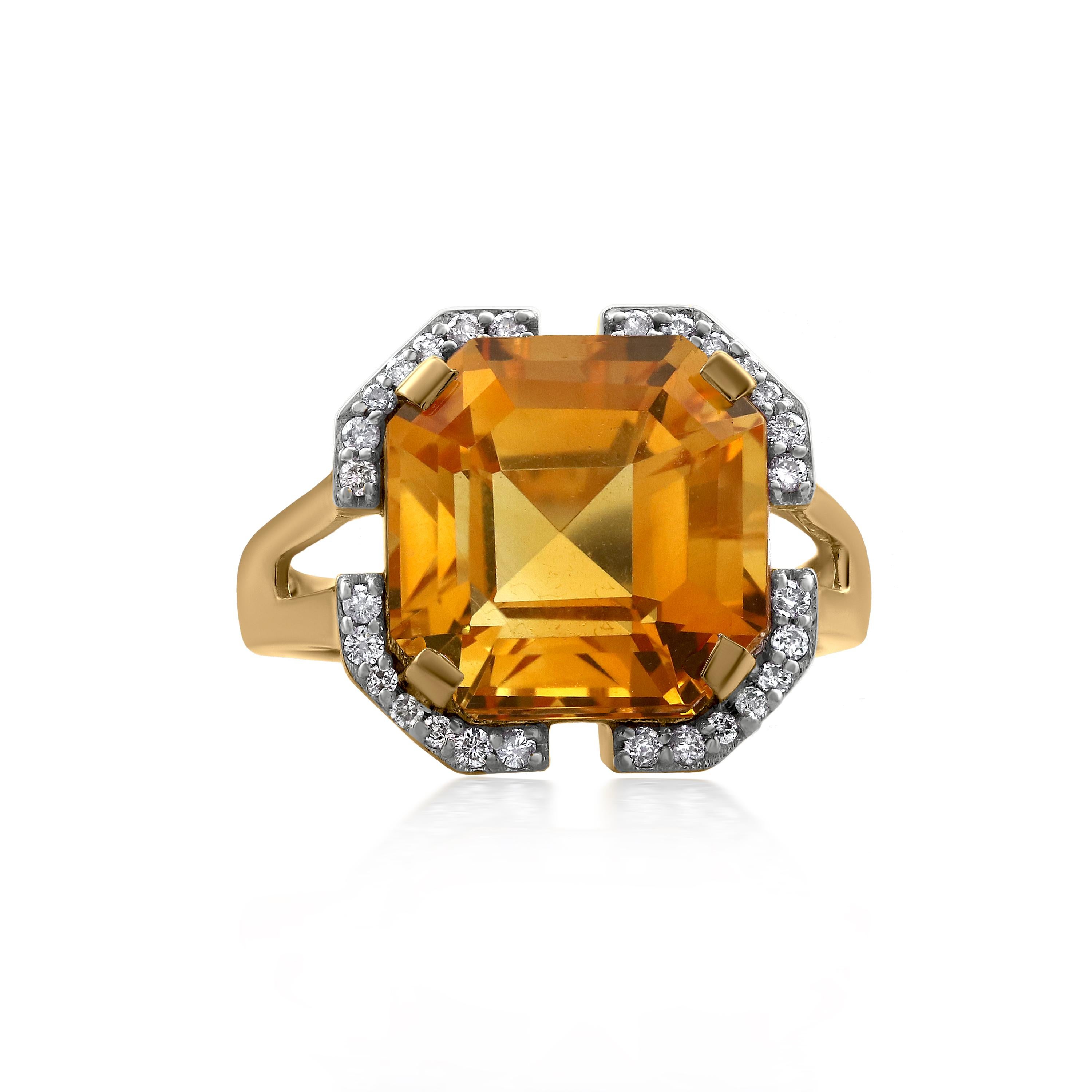 Sweet as honey hue. This Gemistry solitaire ring features in the center an 7.4 carat asscher cut, octagon citrine, prong set on an openwork gallery of polished 14k yellow gold with tapered shank. The corners of the center stone are further