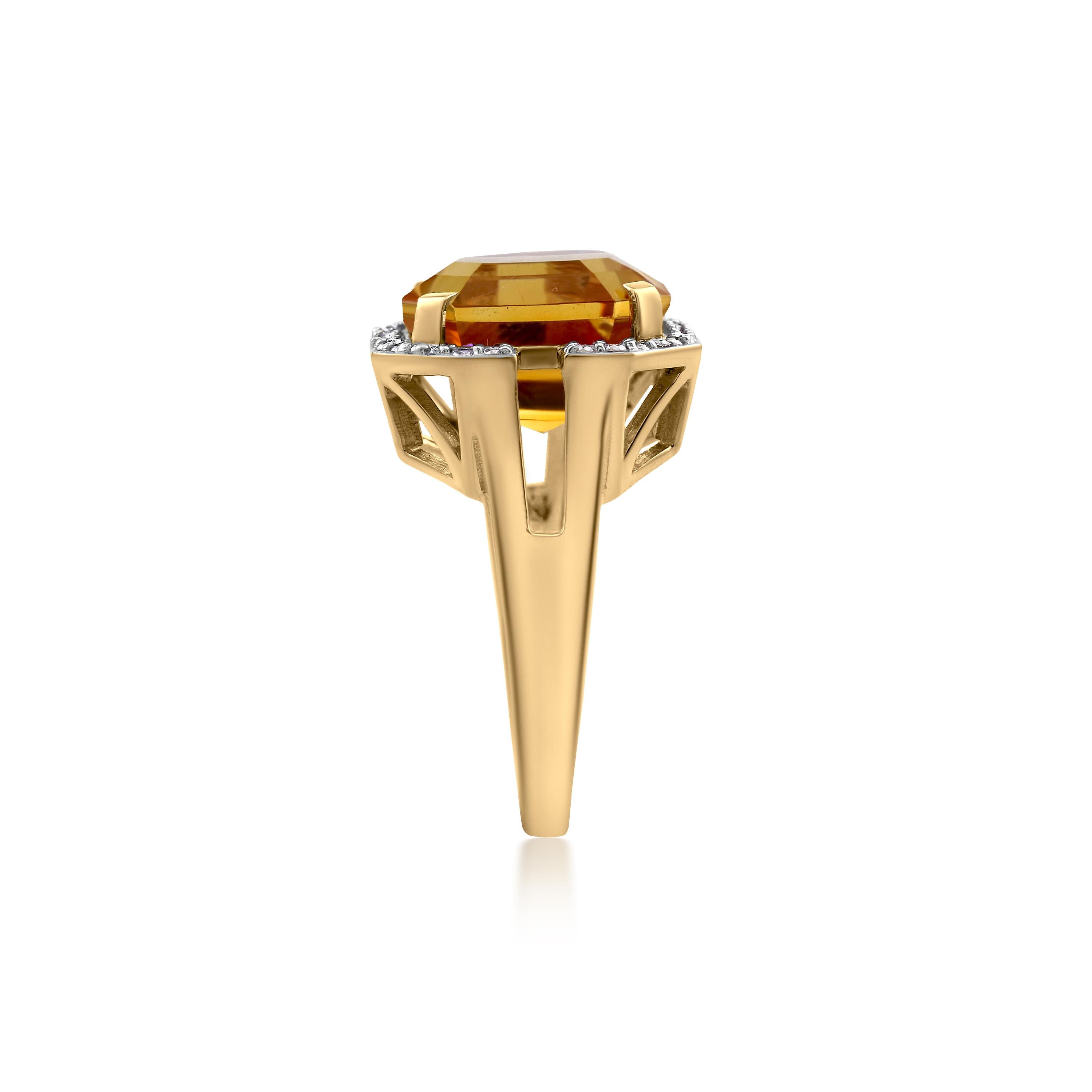 Gemistry 7.4 Carat Asscher Cut Citrine Solitaire Ring with Diamond in 14K Gold 3