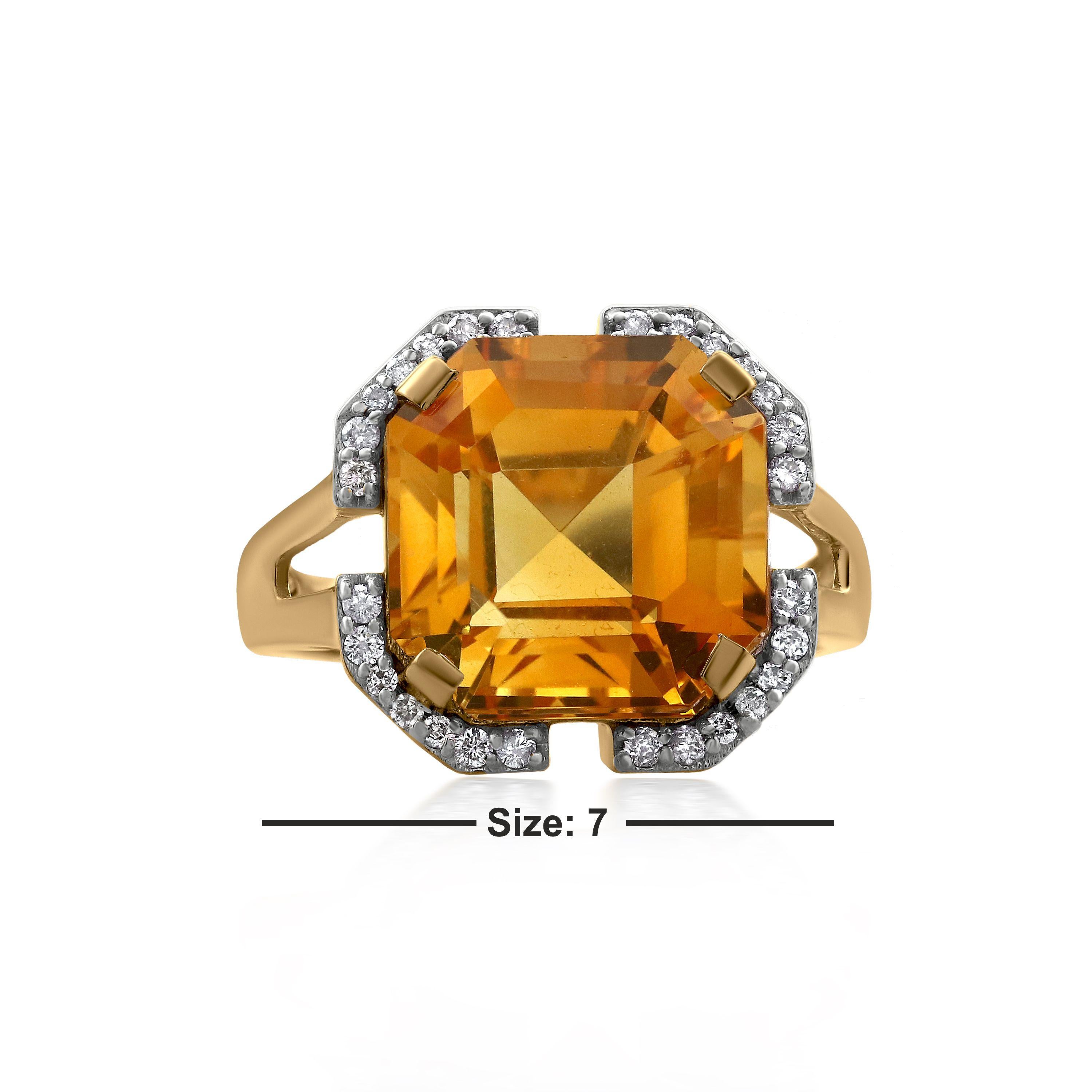 Contemporary Gemistry 7.4 Carat Asscher Cut Citrine Solitaire Ring with Diamond in 14K Gold