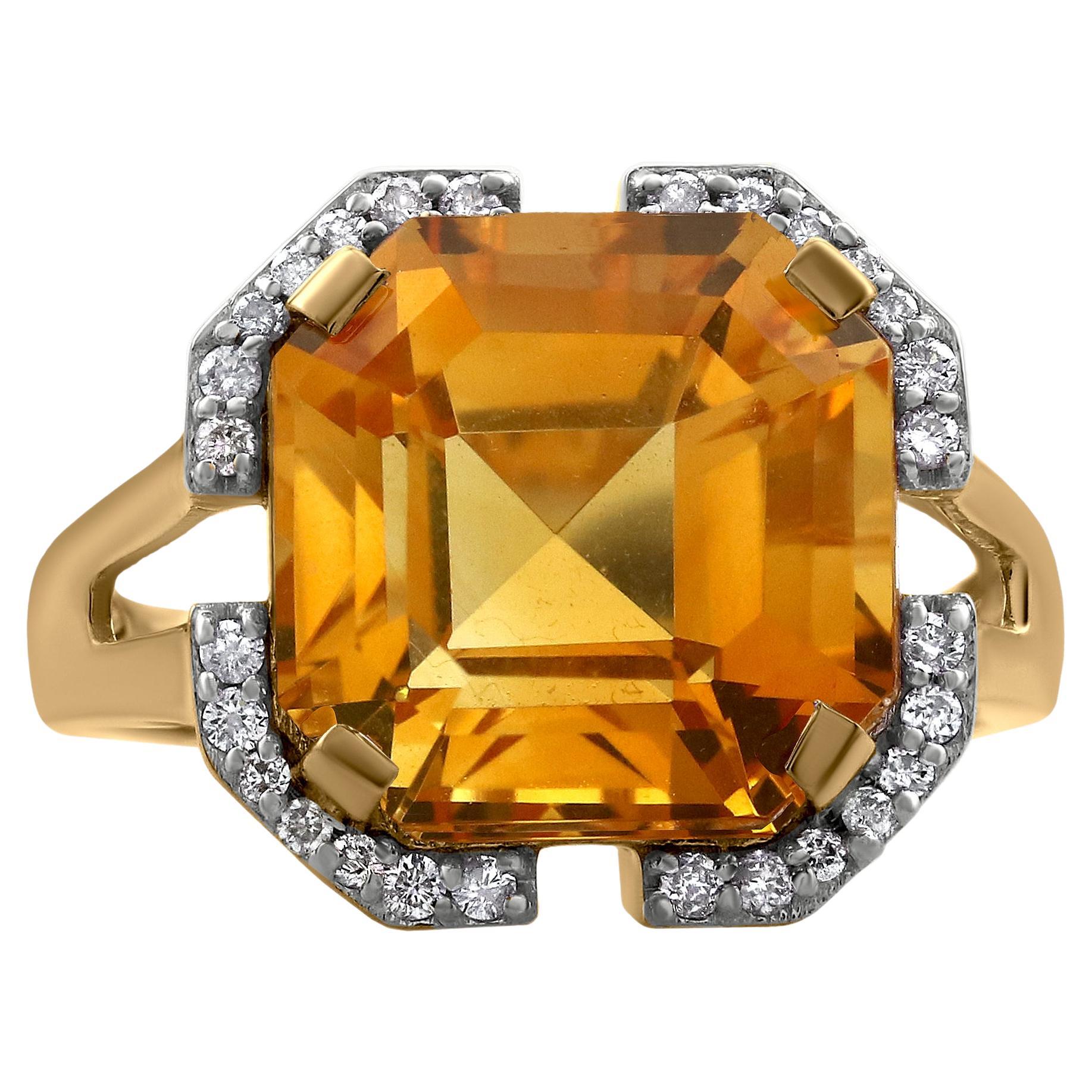 Gemistry 7.4 Carat Asscher Cut Citrine Solitaire Ring with Diamond in 14K Gold