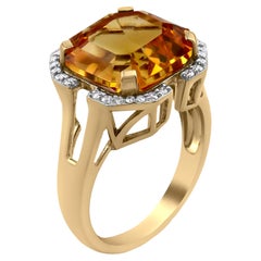 Gemistry 7.4 Carat Asscher Cut Citrine Solitaire Ring with Diamond in 14K Gold