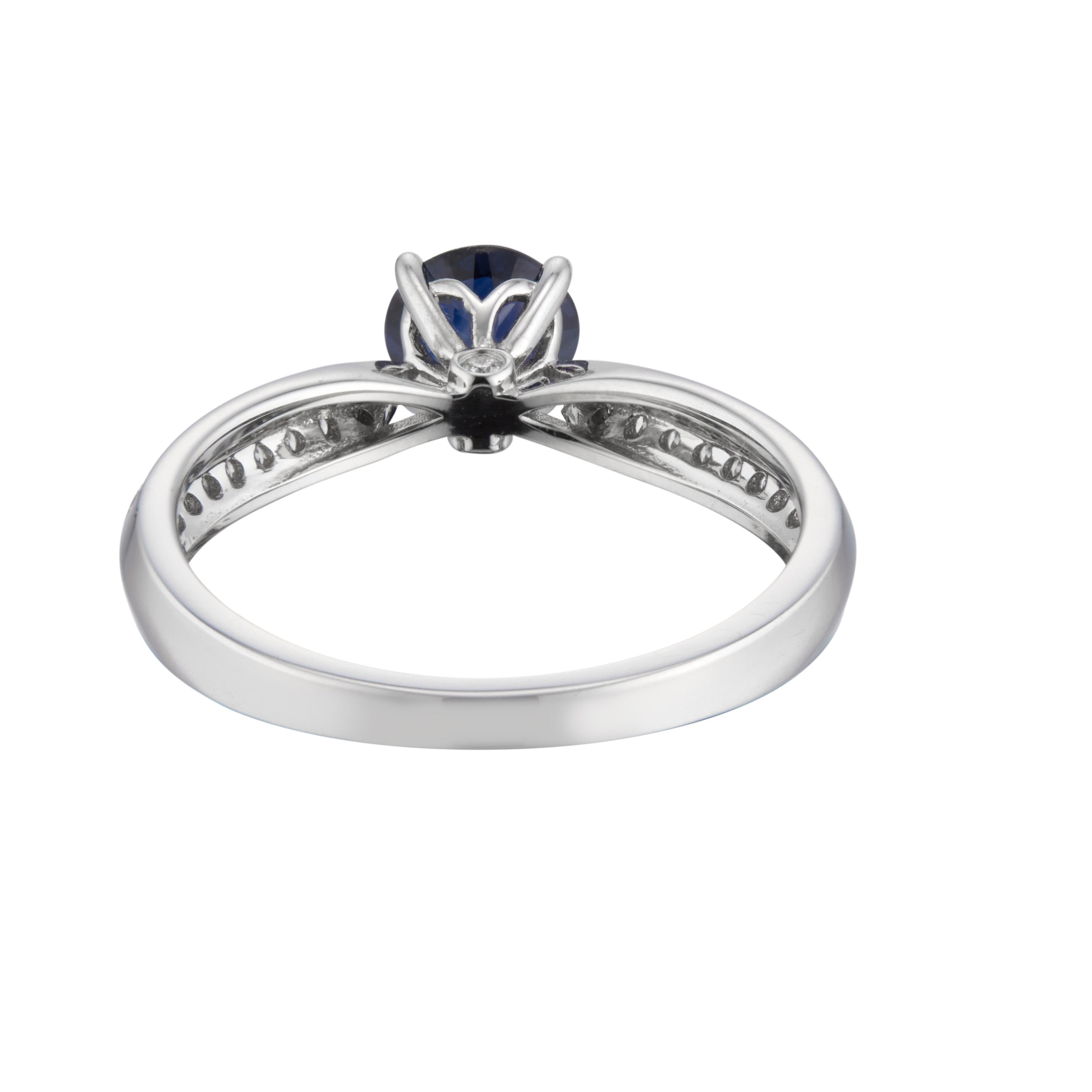 Round Cut .74 Carat Blue Sapphire Diamond White Gold Engagement Ring For Sale