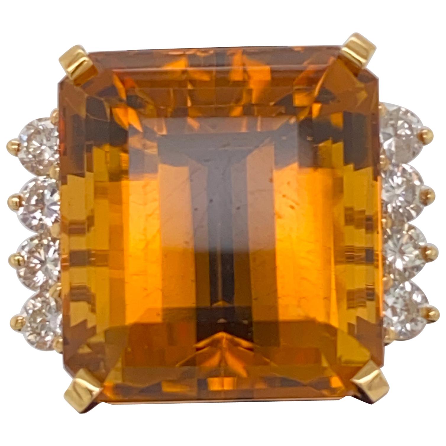 74 Carat Citrine Ring Set in 18 Karat Gold with Accent Diamonds For Sale