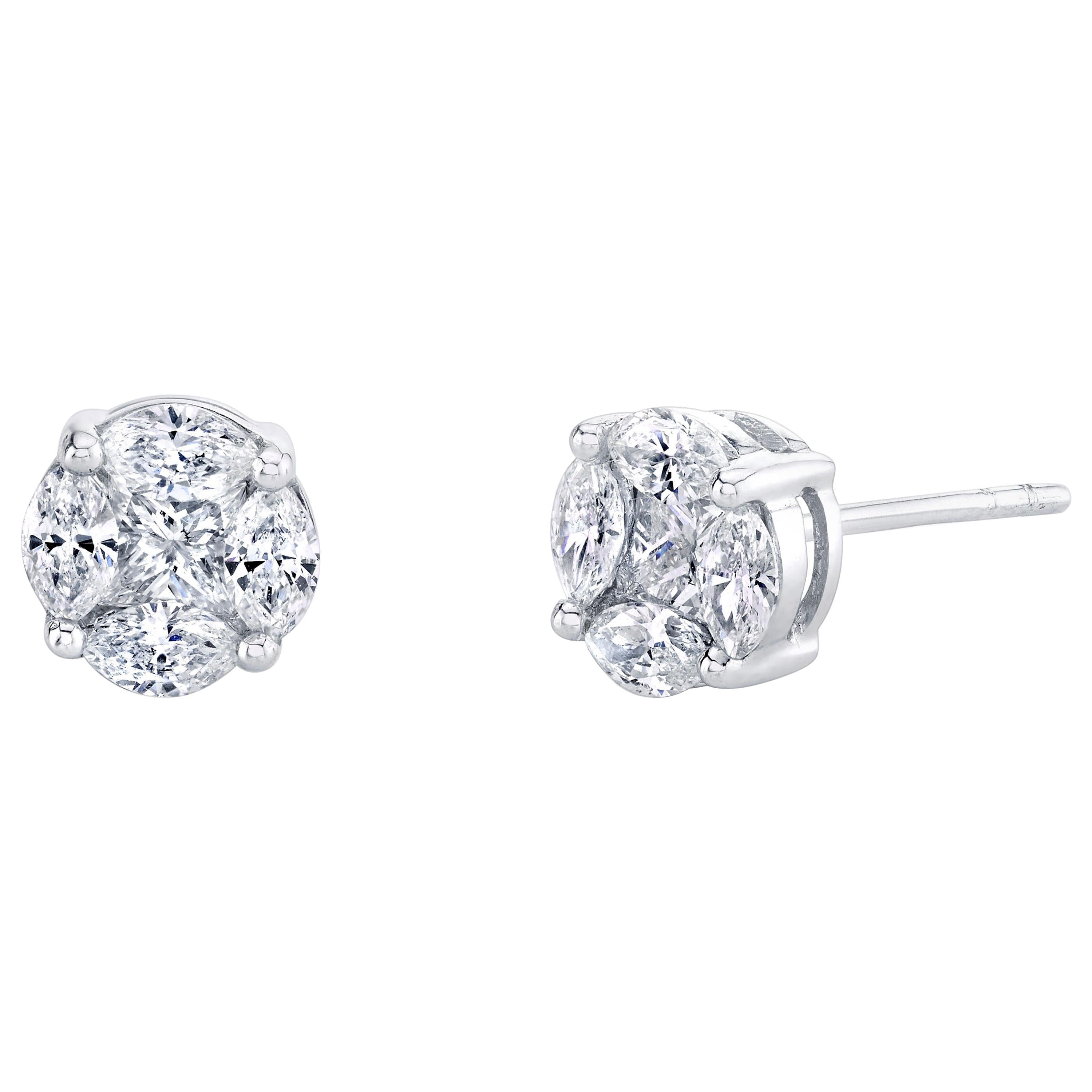 Princess and Marquise Diamond Illusion Stud Earrings in 18k White Gold For Sale