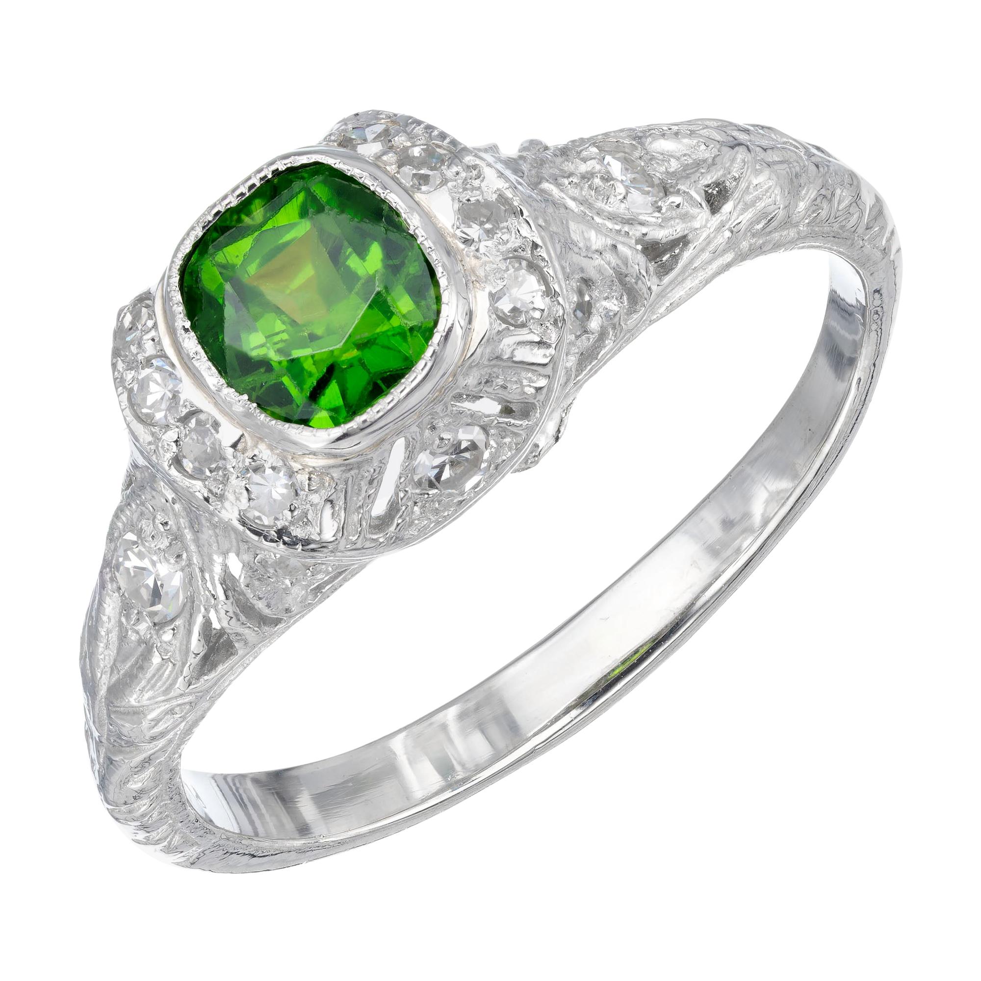 .74 Carat Green Demantoid Garnet Diamond Platinum Engagement Ring