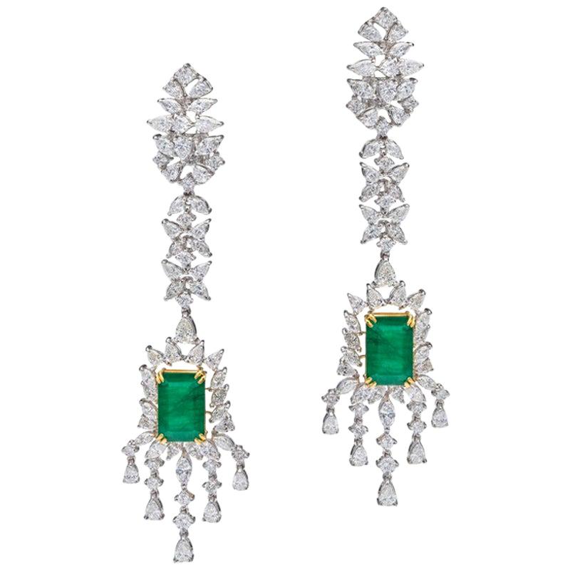 7.4 Carat Natural Zambian Emerald and 8.03 Carat Diamond Earring by Jupiter Rain