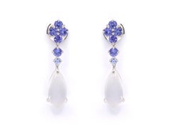 7.4 Carat Pear Moonstone Tanzanite 18 Karat White Gold Drop Earrings