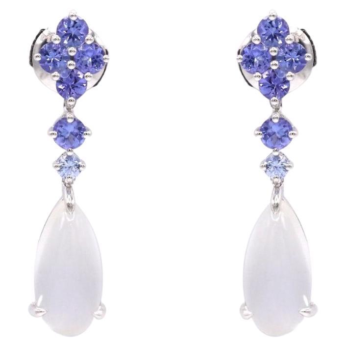 7.4 Carat Pear Moonstone Tanzanite 18 Karat White Gold Drop Earrings For Sale