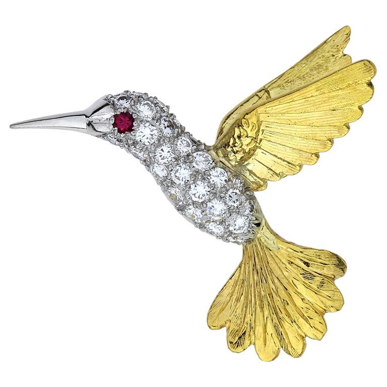 .74 Carat Total Weight Diamond & Ruby Platinum & 18K Figural Hummingbird Pin For Sale