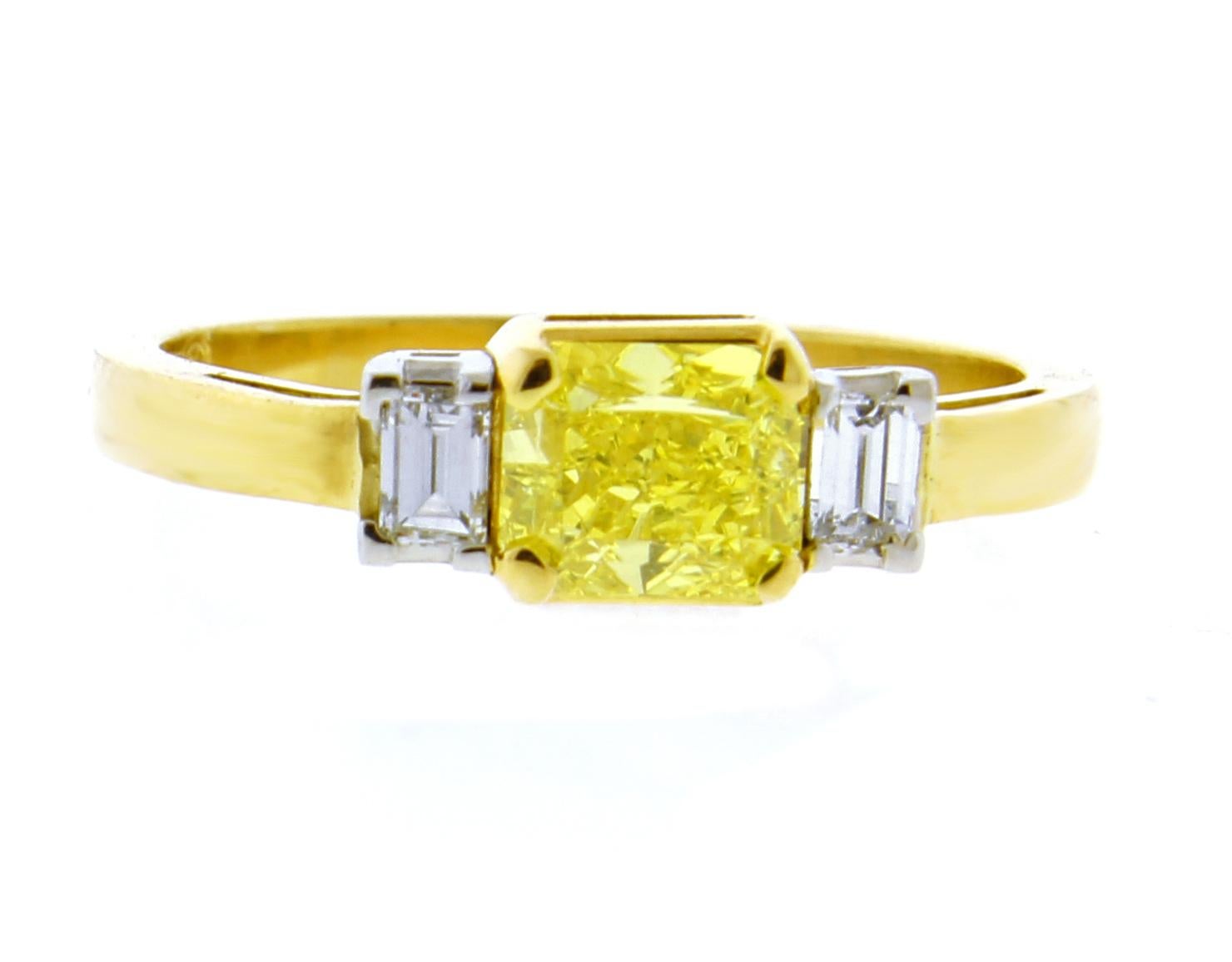 .74 Carat Vivid Yellow Internally Flawless Diamond Three-Stone Ring For Sale 1