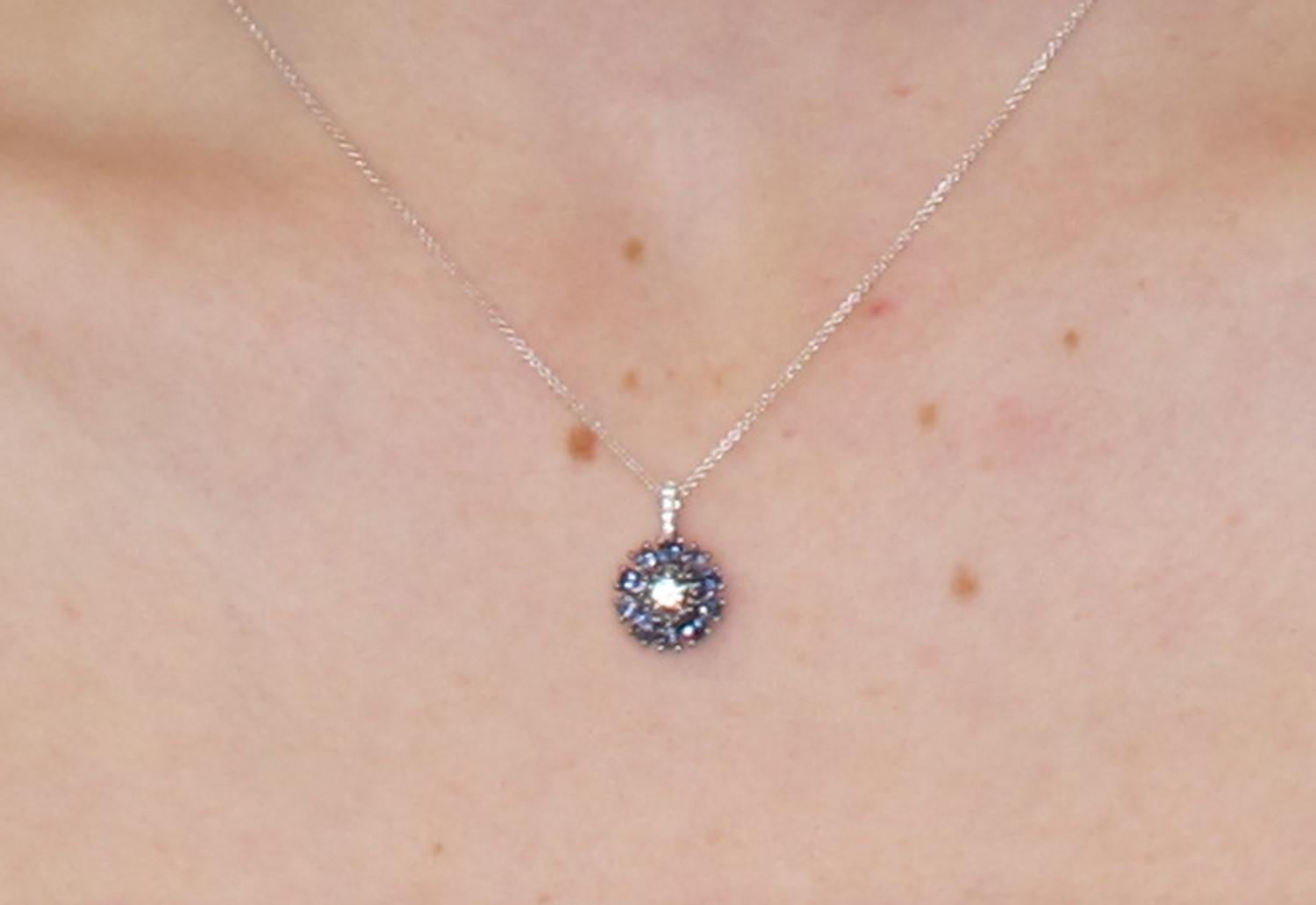 Alexandrite Floral Cluster and Diamond Pendant in White Gold, Adjustable Chain For Sale 4