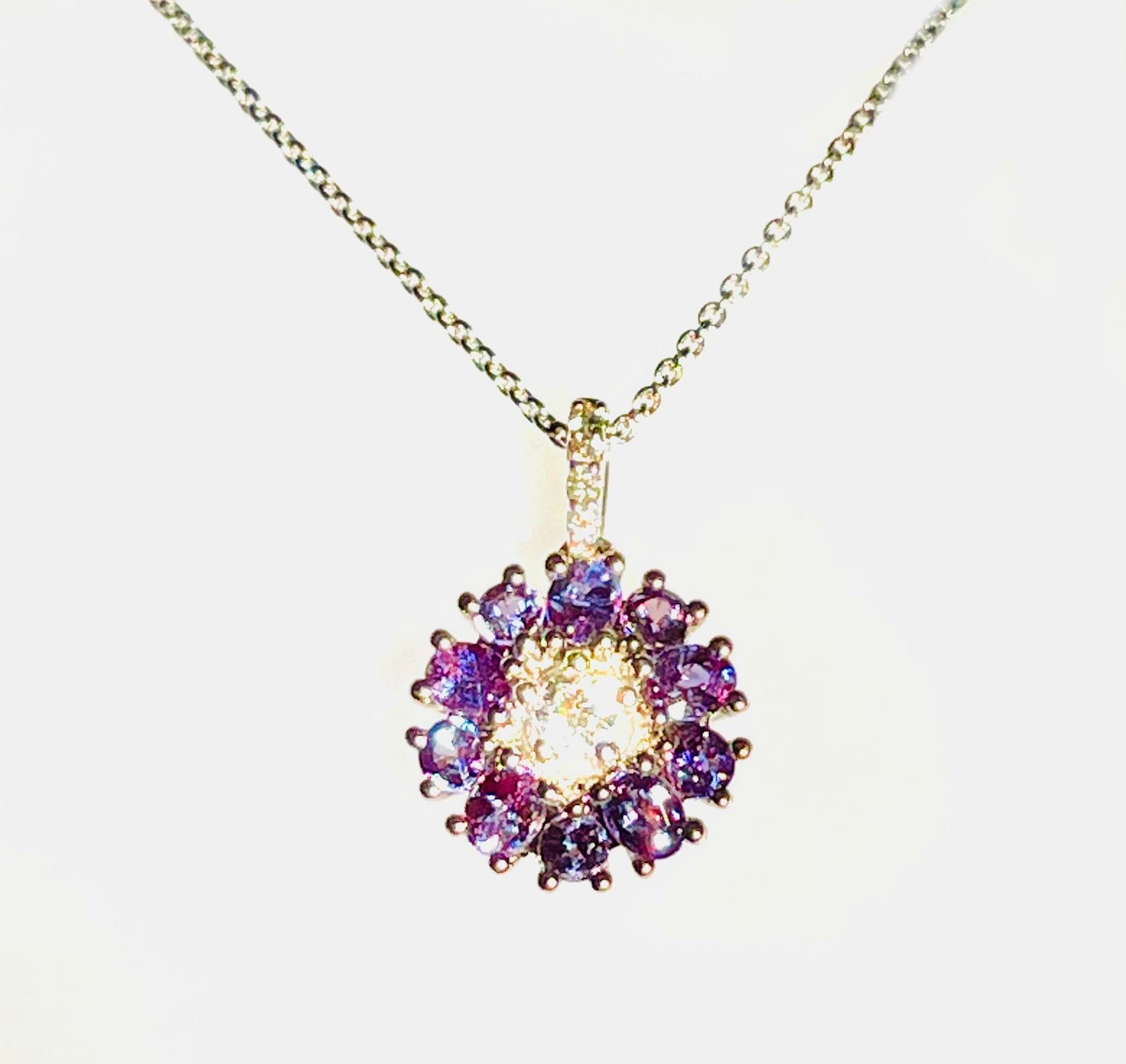 Alexandrite Floral Cluster and Diamond Pendant in White Gold, Adjustable Chain For Sale 3