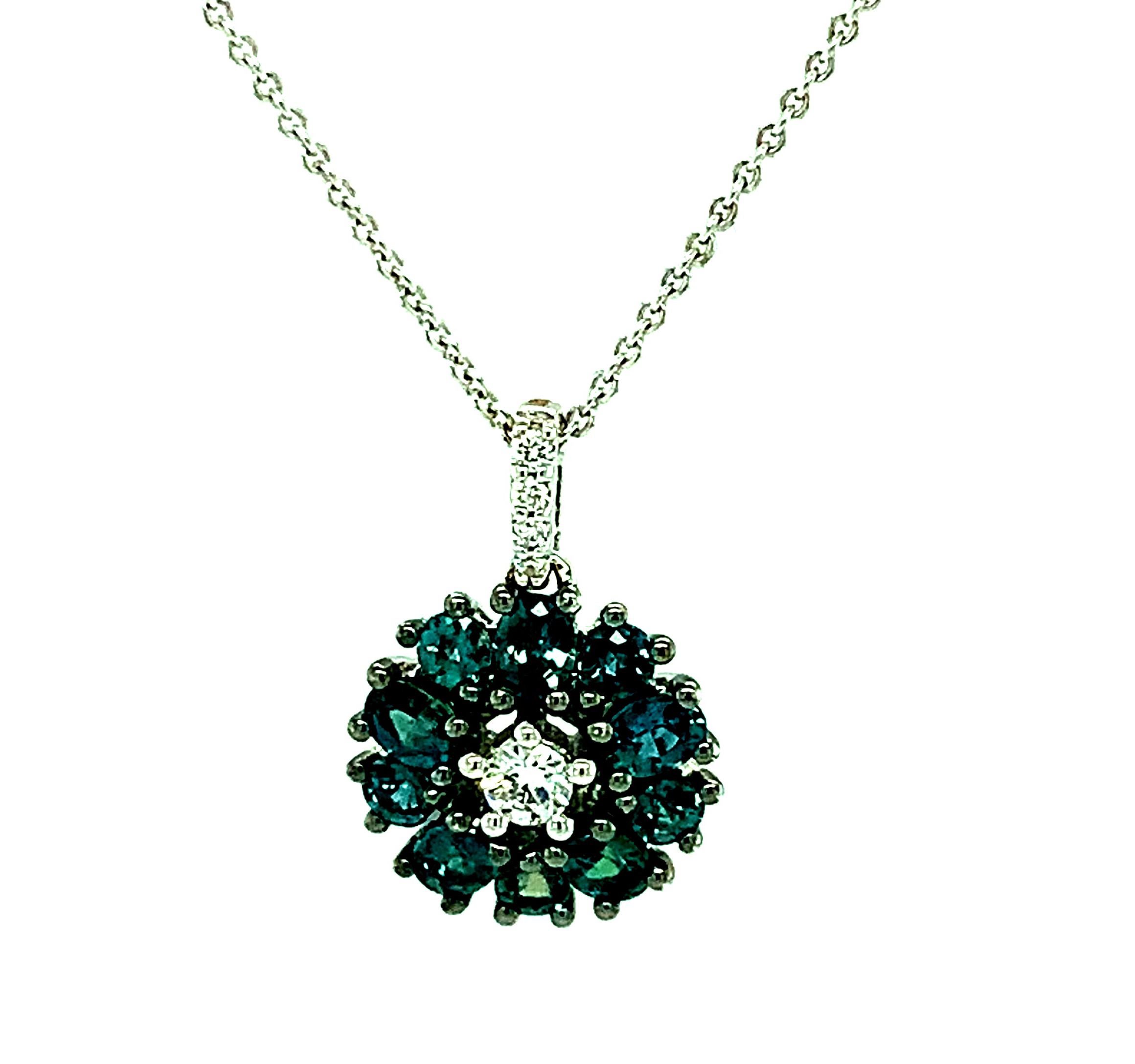 Artisan Alexandrite Floral Cluster and Diamond Pendant in White Gold, Adjustable Chain For Sale