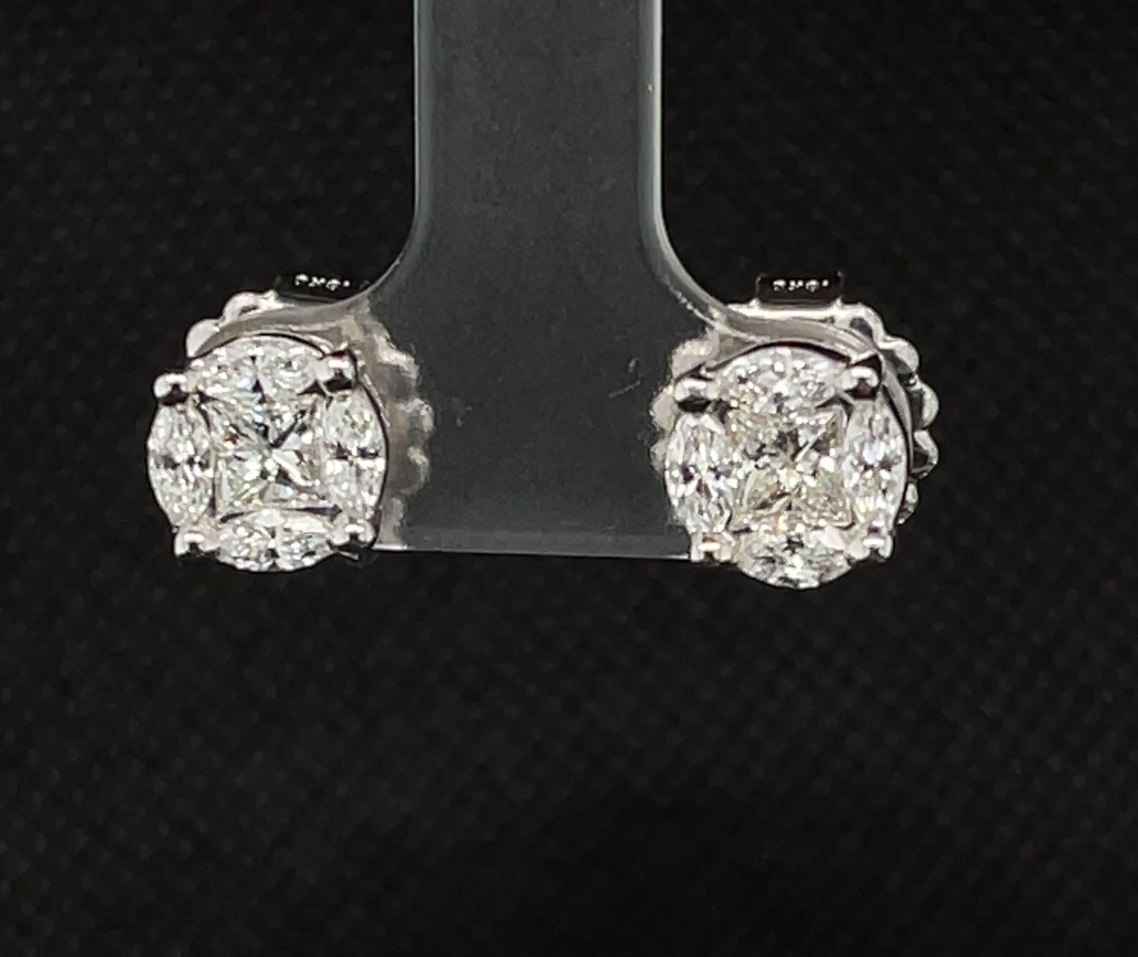 Women's or Men's Princess and Marquise Diamond Illusion Stud Earrings in 18k White Gold For Sale