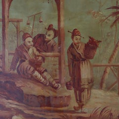 74" French Trumeau Mirror With Oil On Canvas Chinese Genre Scene Painting 19thC