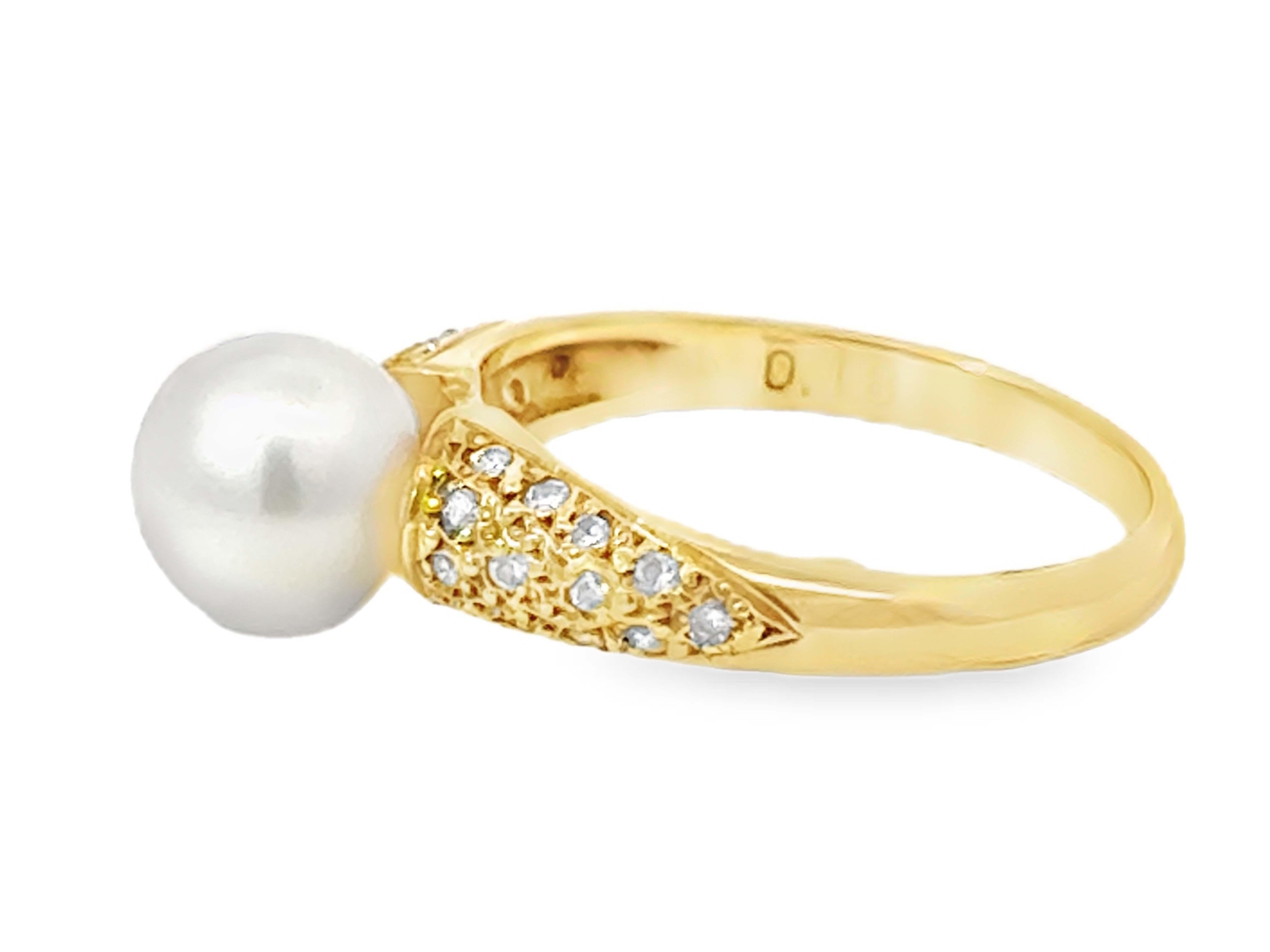 7.4 Mm White Akoya Pearl and Diamond Band Ring 18k Yellow Gold For Sale 1