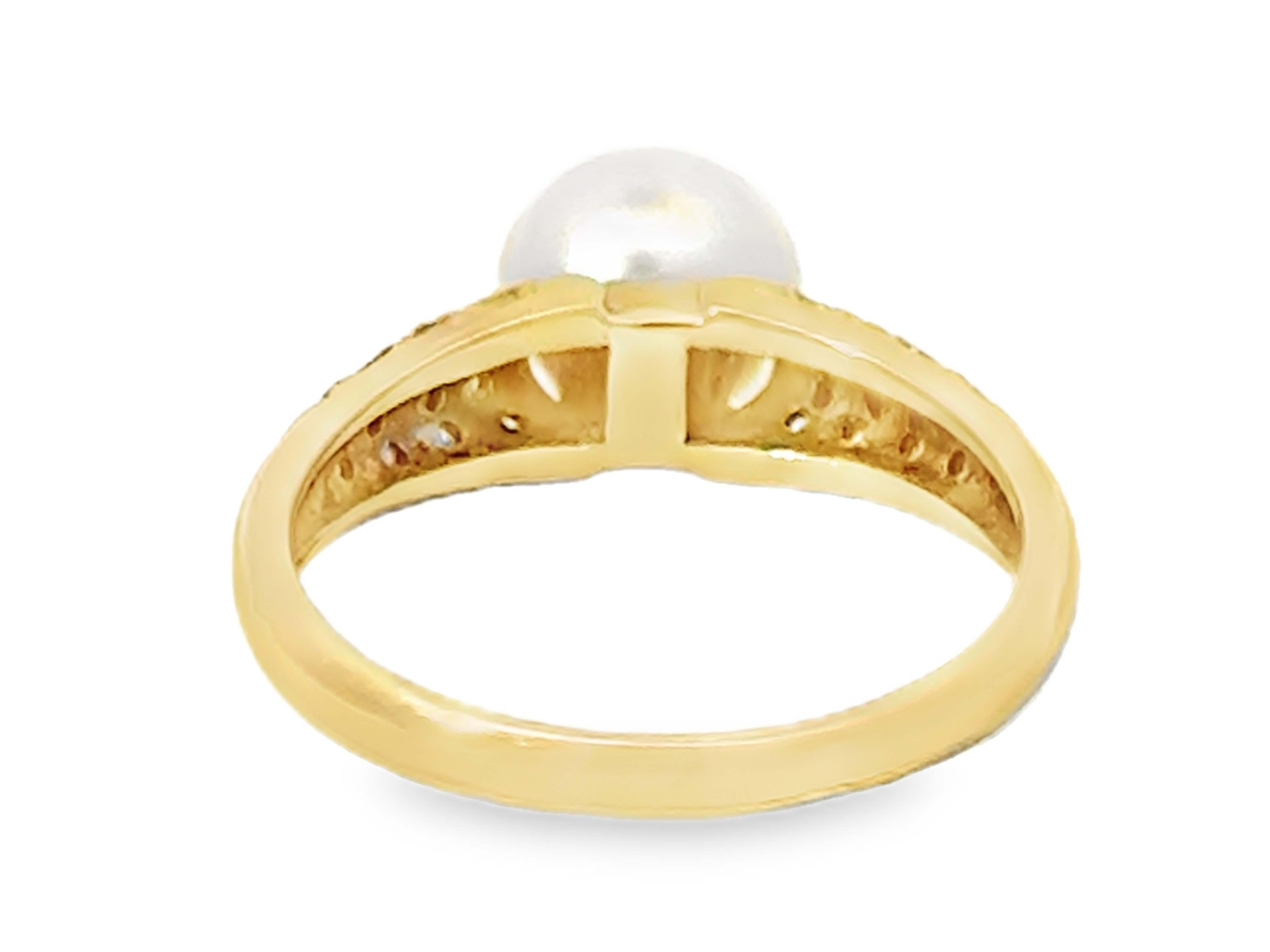 7.4 Mm White Akoya Pearl and Diamond Band Ring 18k Yellow Gold For Sale 2