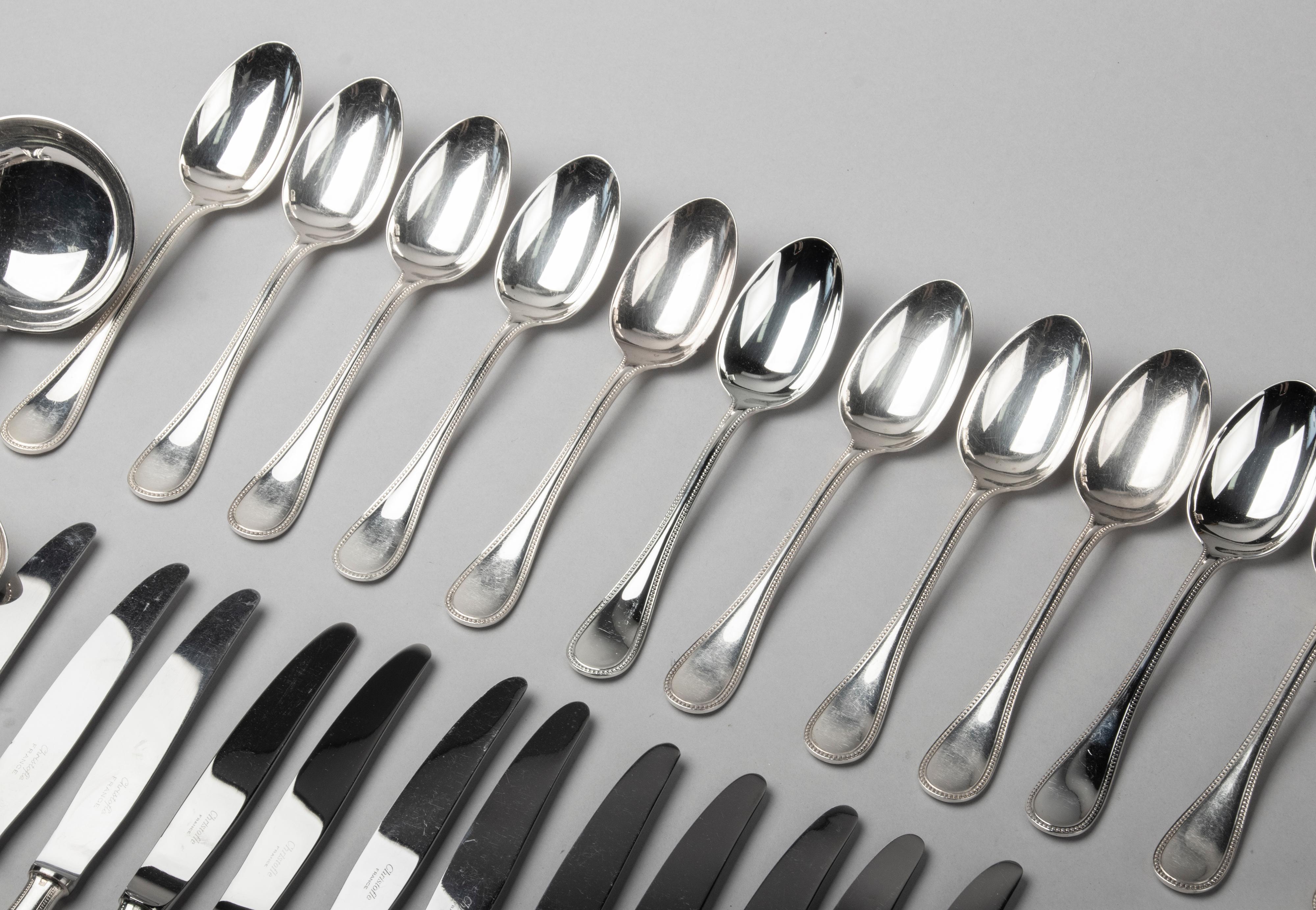74-Piece Set of Silver-Plated Flatware by Christofle Model 'Perles' for 12 10