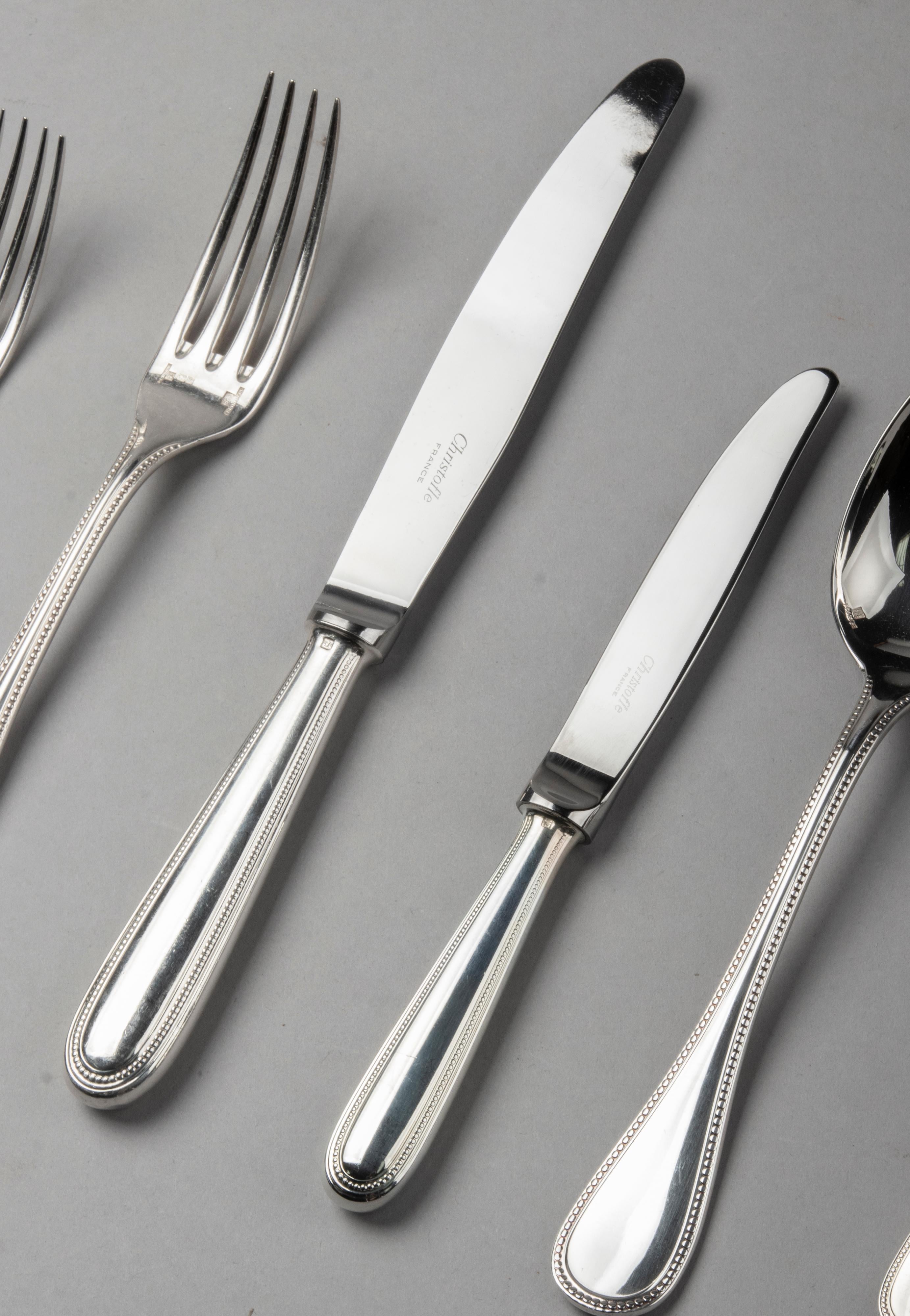 74-Piece Set of Silver-Plated Flatware by Christofle Model 'Perles' for 12 13