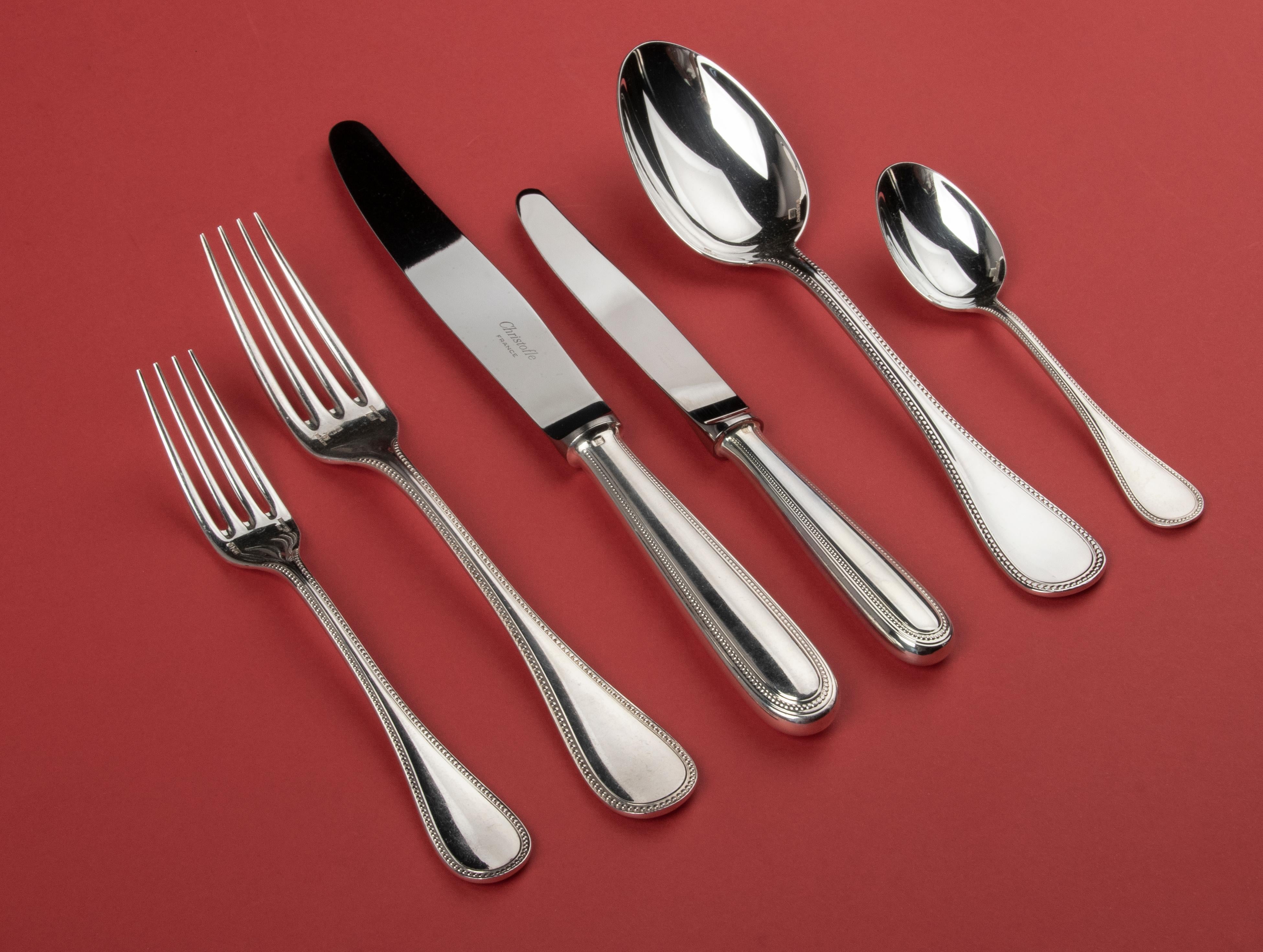 Modern 74-Piece Set of Silver-Plated Flatware by Christofle Model 'Perles' for 12
