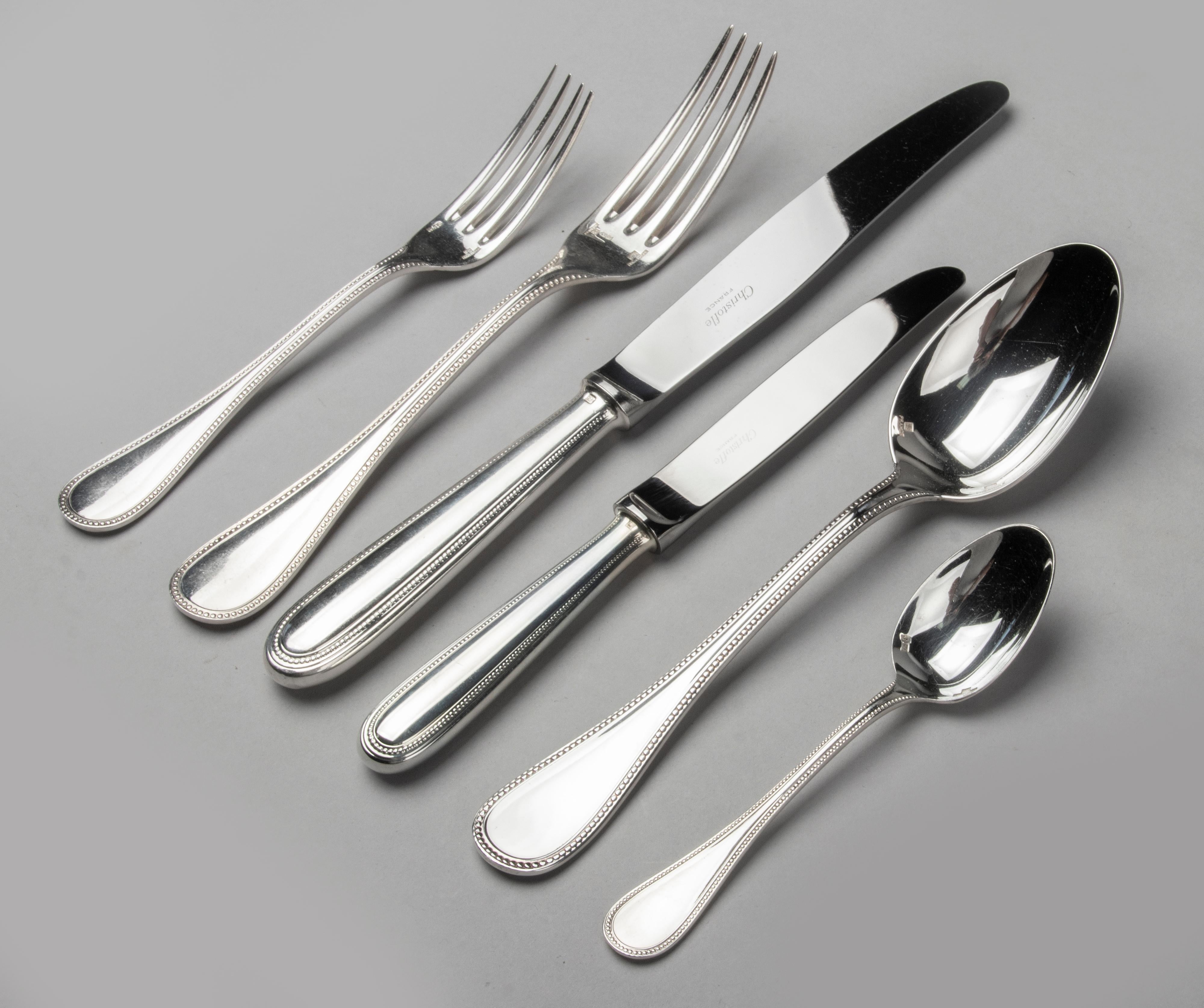 French 74-Piece Set of Silver-Plated Flatware by Christofle Model 'Perles' for 12