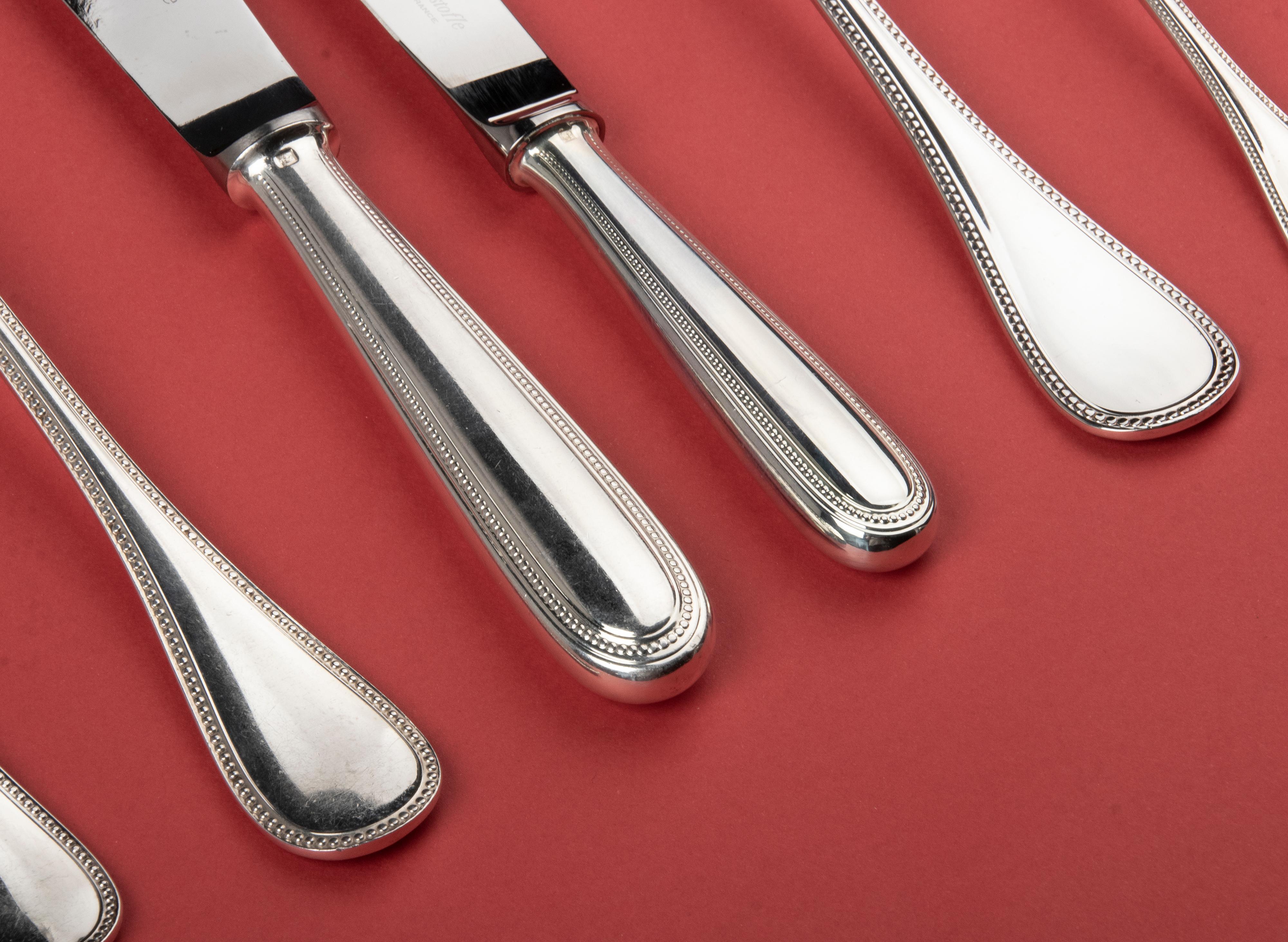 Late 20th Century 74-Piece Set of Silver-Plated Flatware by Christofle Model 'Perles' for 12