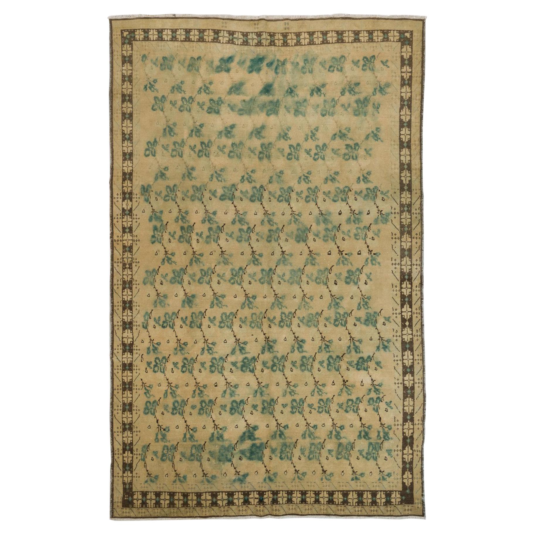 7.4x12 Ft Vintage Handmade Turkish Wool Rug in Beige, Green and Brown Colors