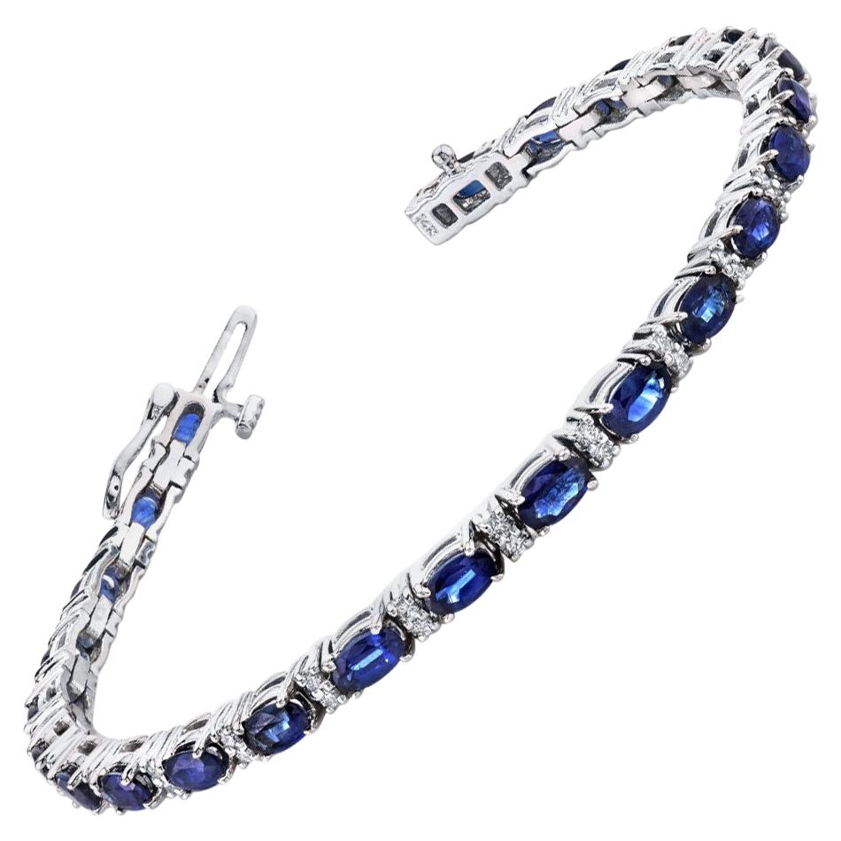 7.40 ct. t.w. Blue Sapphire and White Diamond, White Gold Tennis Bracelet