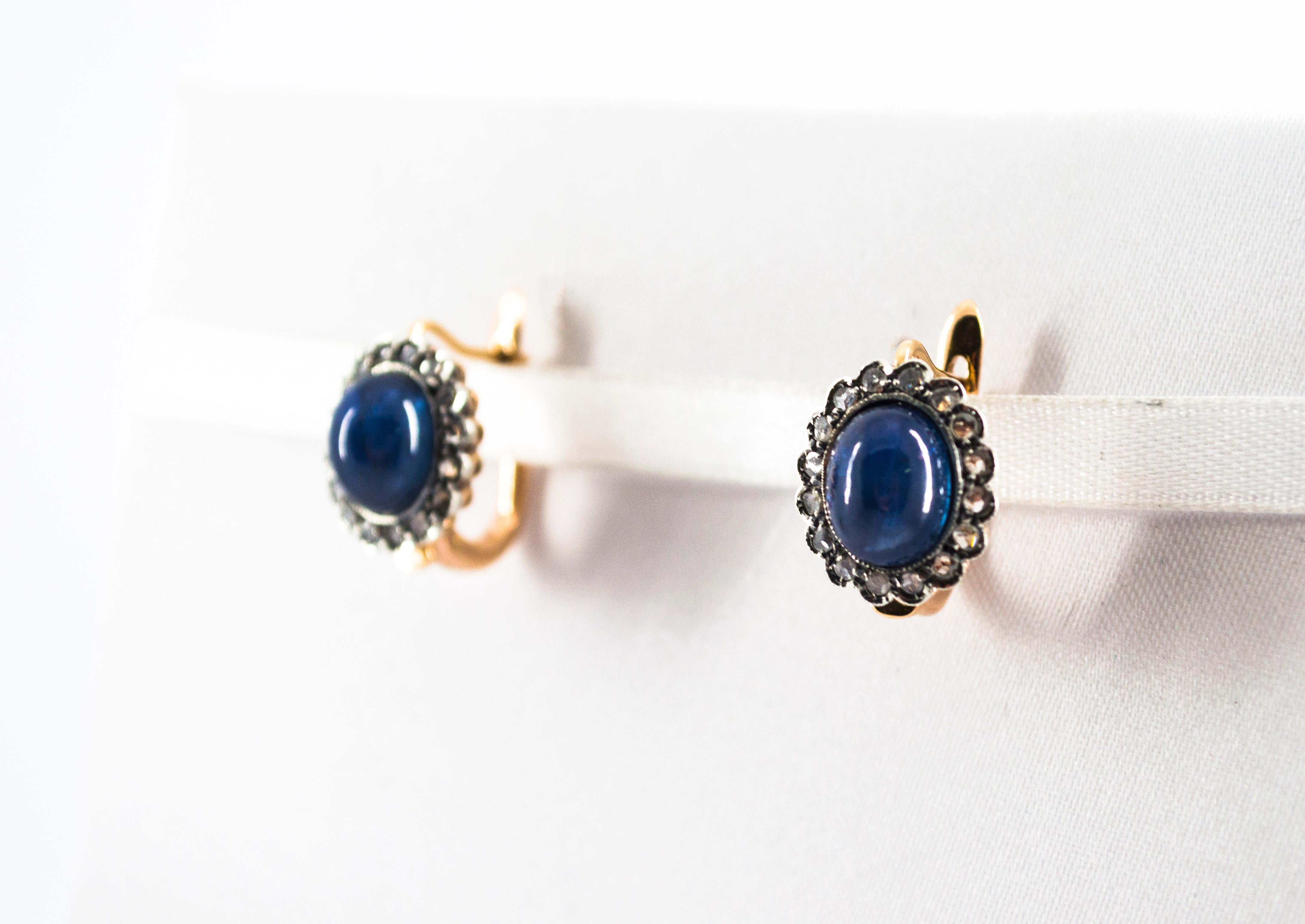 Art Deco 7.40 Carat Blue Sapphire White Rose Cut Diamond Yellow Gold Lever-Back Earrings