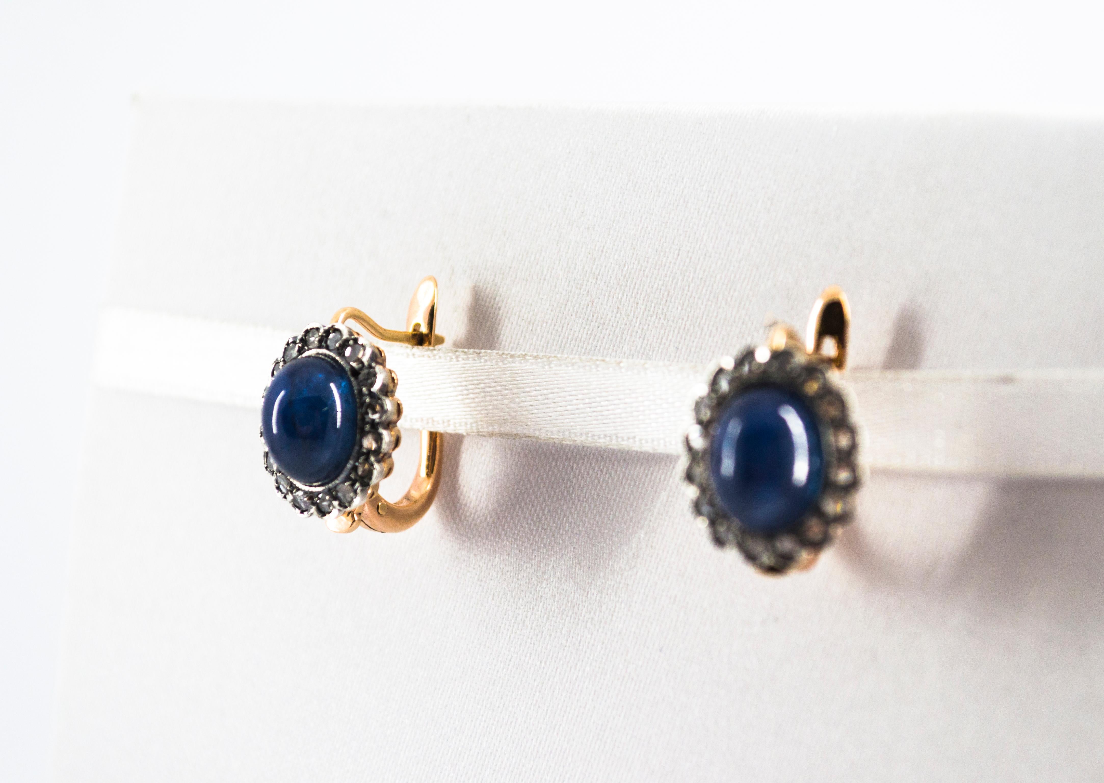 7.40 Carat Blue Sapphire White Rose Cut Diamond Yellow Gold Lever-Back Earrings In New Condition In Naples, IT