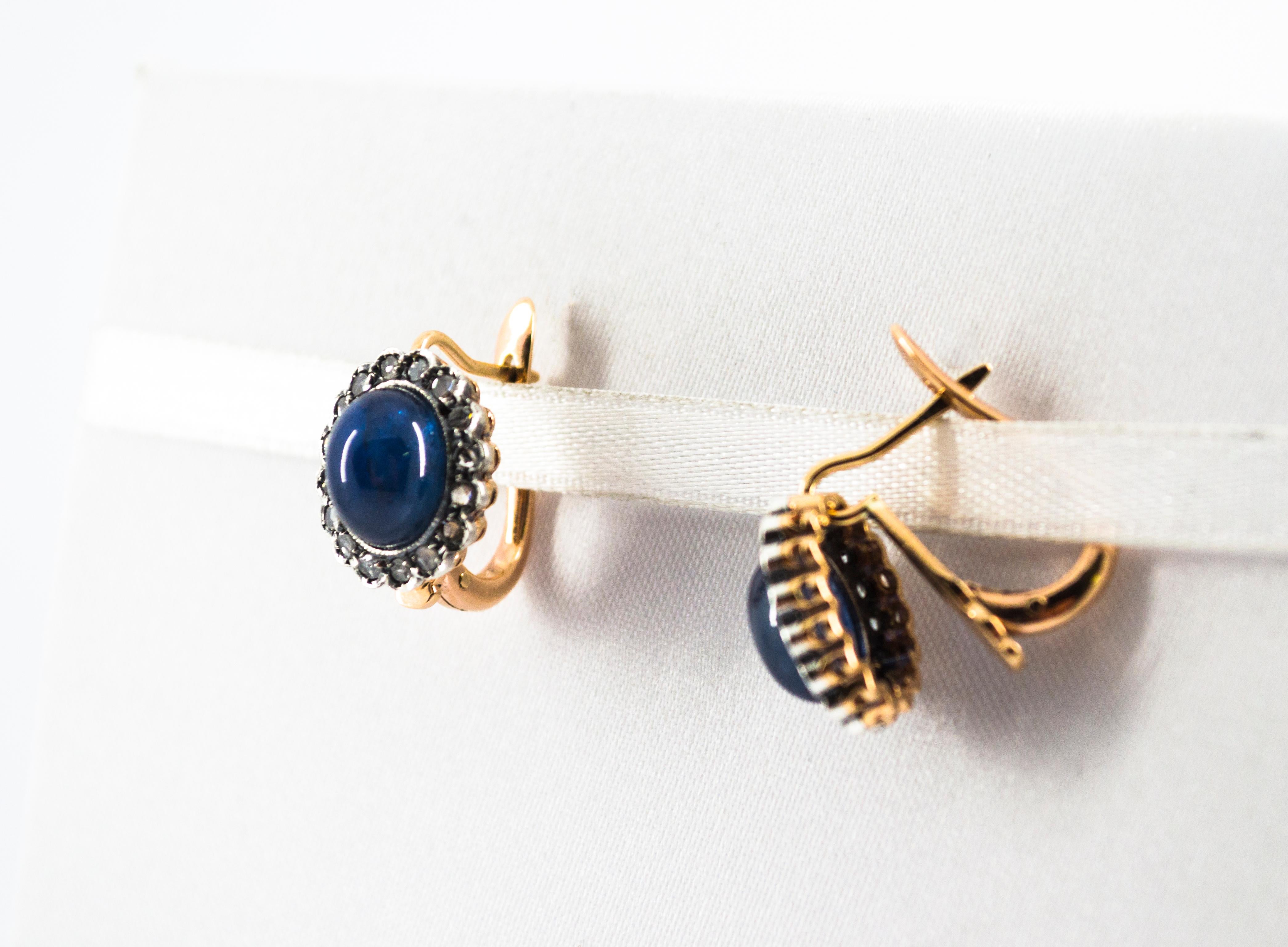 Women's or Men's 7.40 Carat Blue Sapphire White Rose Cut Diamond Yellow Gold Lever-Back Earrings