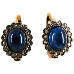 7.40 Carat Blue Sapphire White Rose Cut Diamond Yellow Gold Lever-Back Earrings