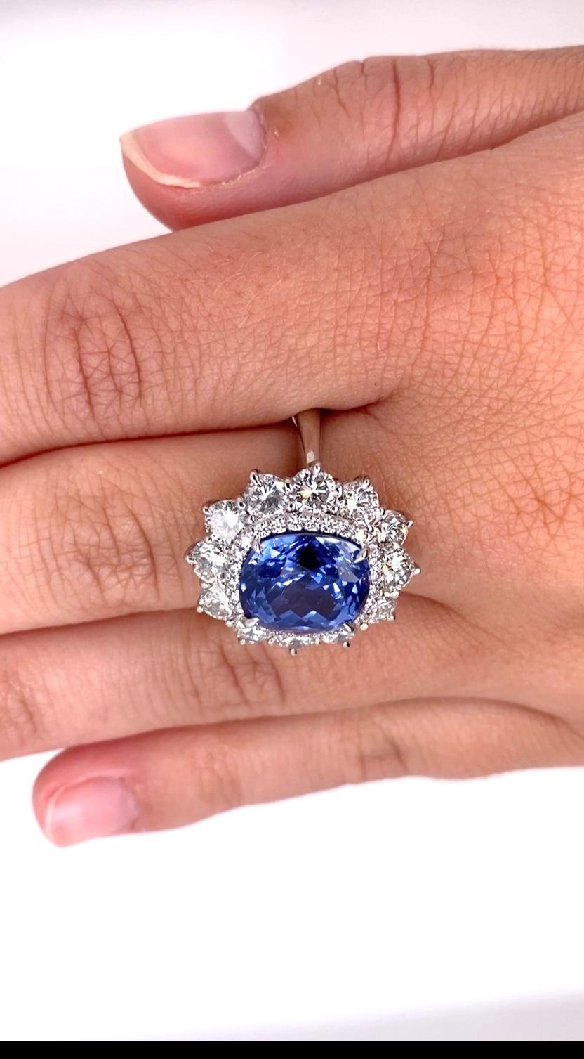 Contemporary 7.40 Carat Cushion Blue Sapphire and Diamond Ring