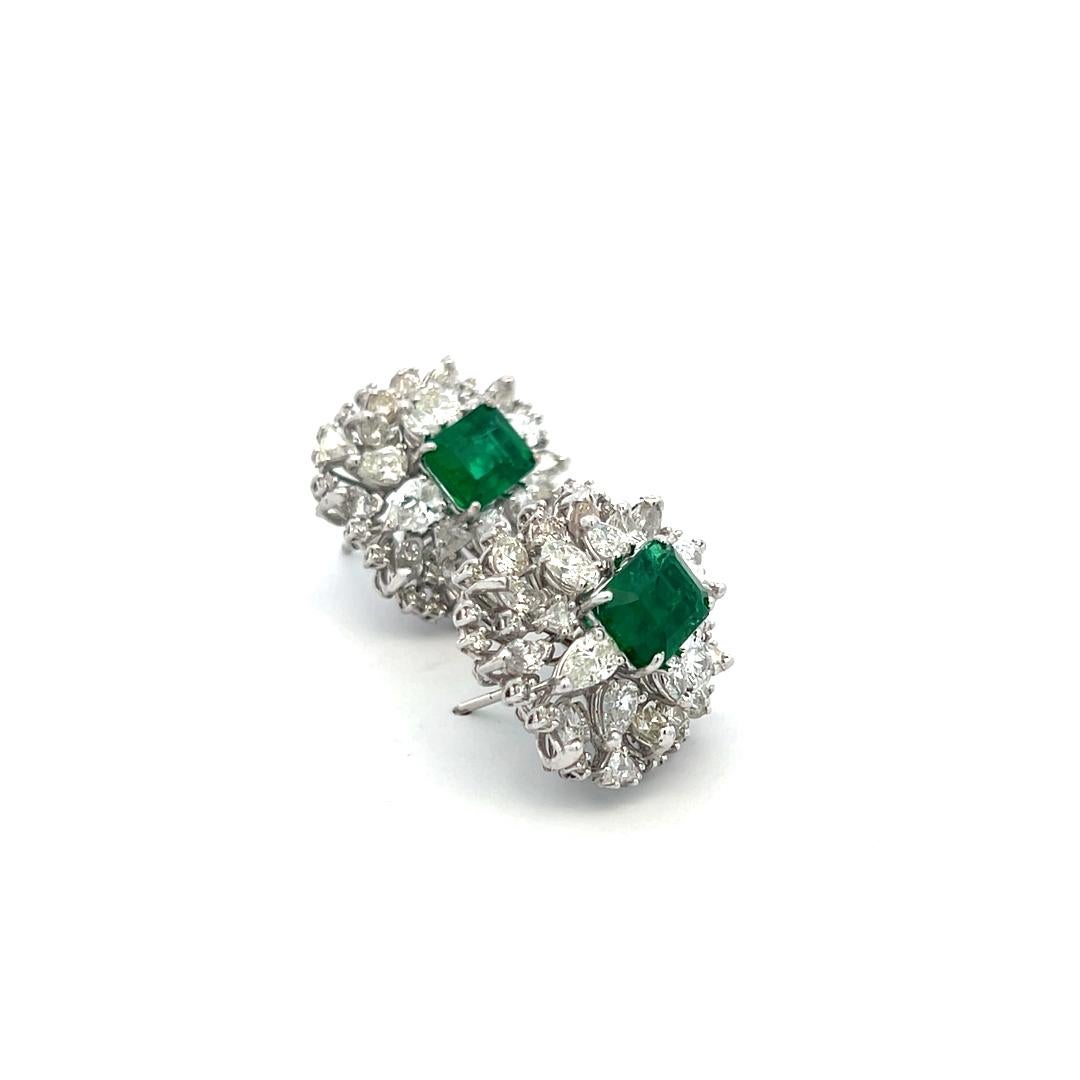 7.40 Carat Emerald Cut Emerald 6.42 Carat X Diamond White Gold Clip On Earrings For Sale 6