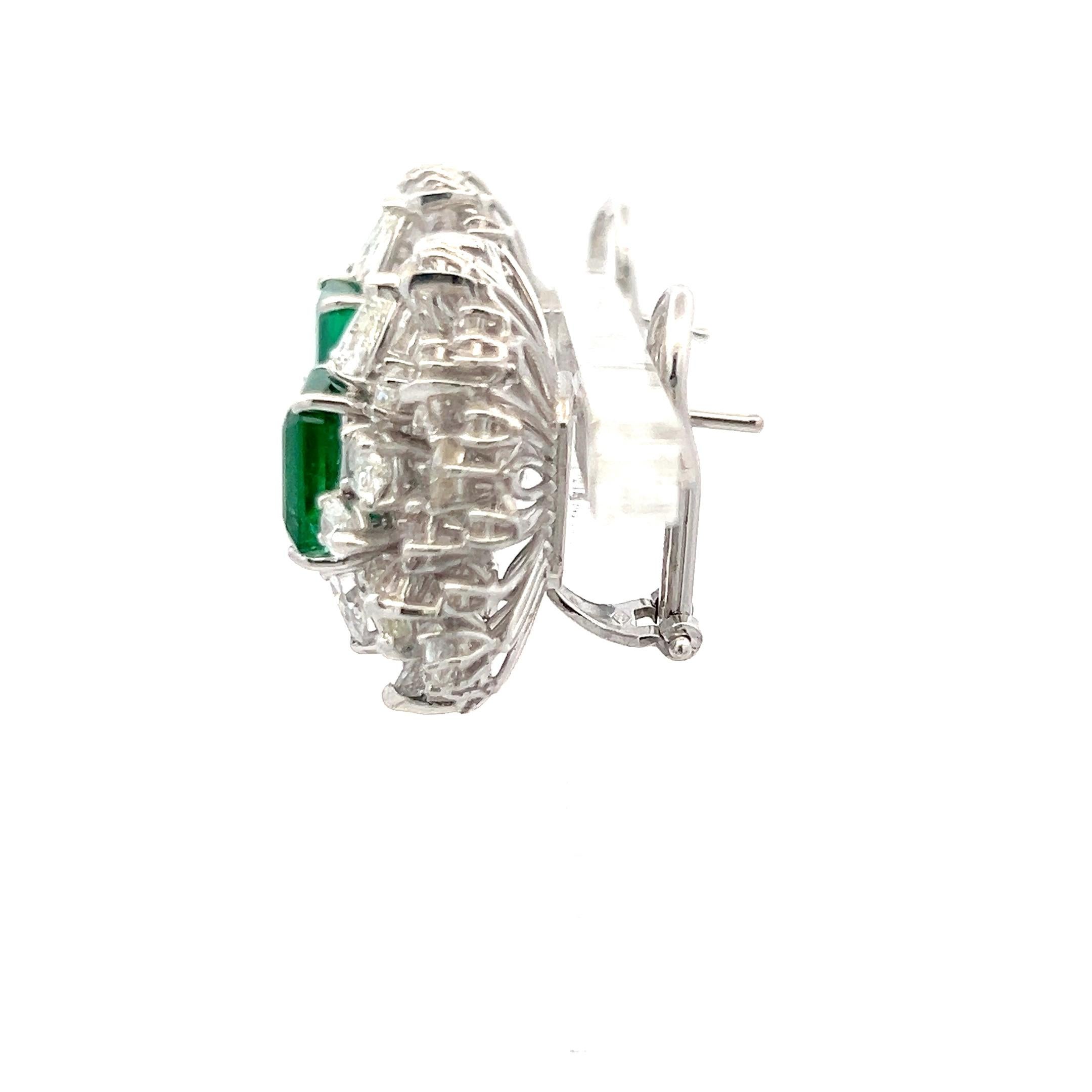 Women's 7.40 Carat Emerald Cut Emerald 6.42 Carat X Diamond White Gold Clip On Earrings For Sale