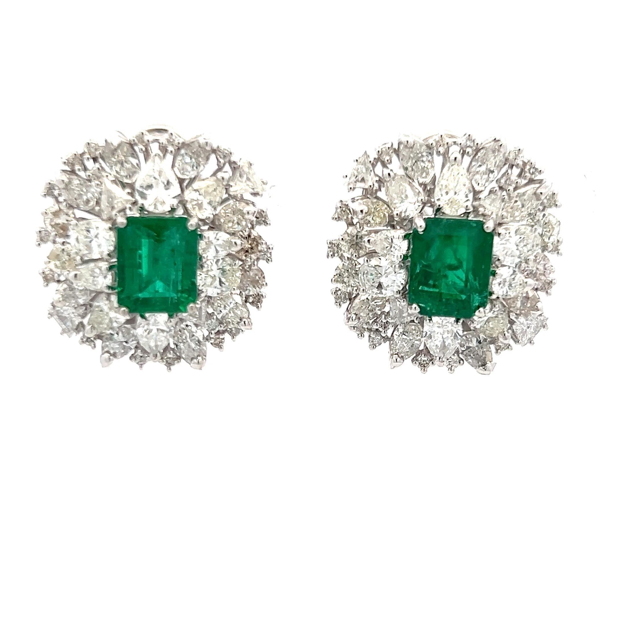 7.40 Carat Emerald Cut Emerald 6.42 Carat X Diamond White Gold Clip On Earrings For Sale 1