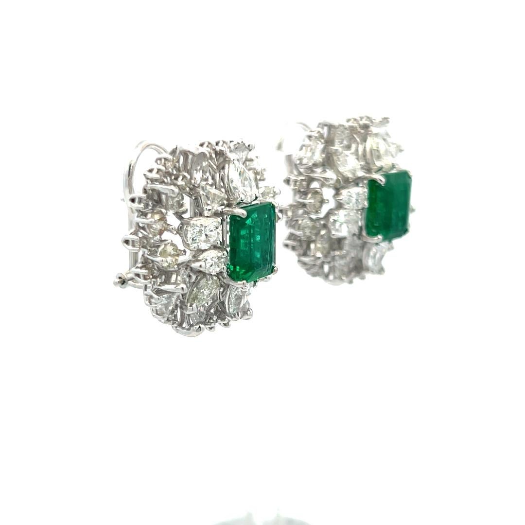 7.40 Carat Emerald Cut Emerald 6.42 Carat X Diamond White Gold Clip On Earrings For Sale 2