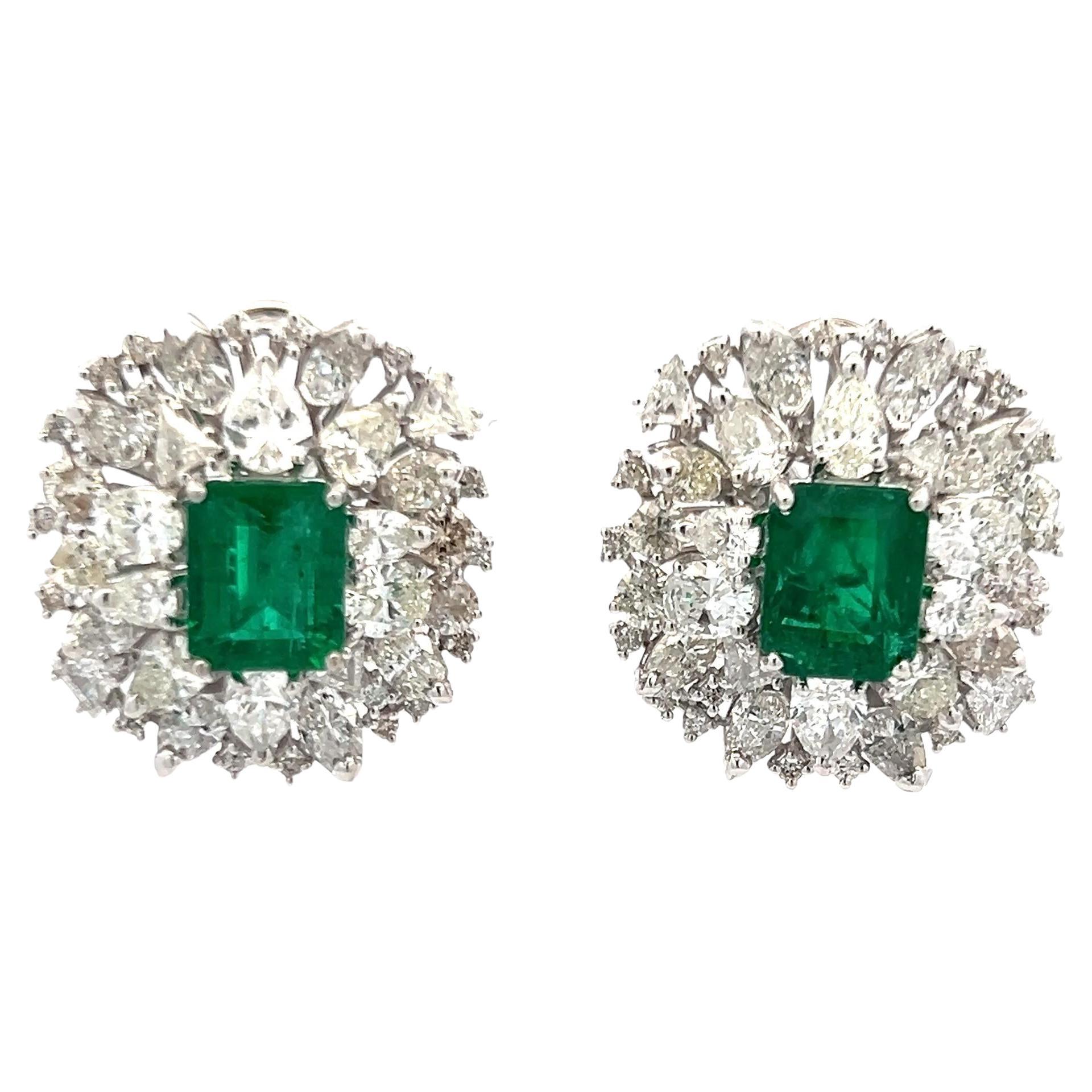 7.40 Carat Emerald Cut Emerald 6.42 Carat X Diamond White Gold Clip On Earrings For Sale