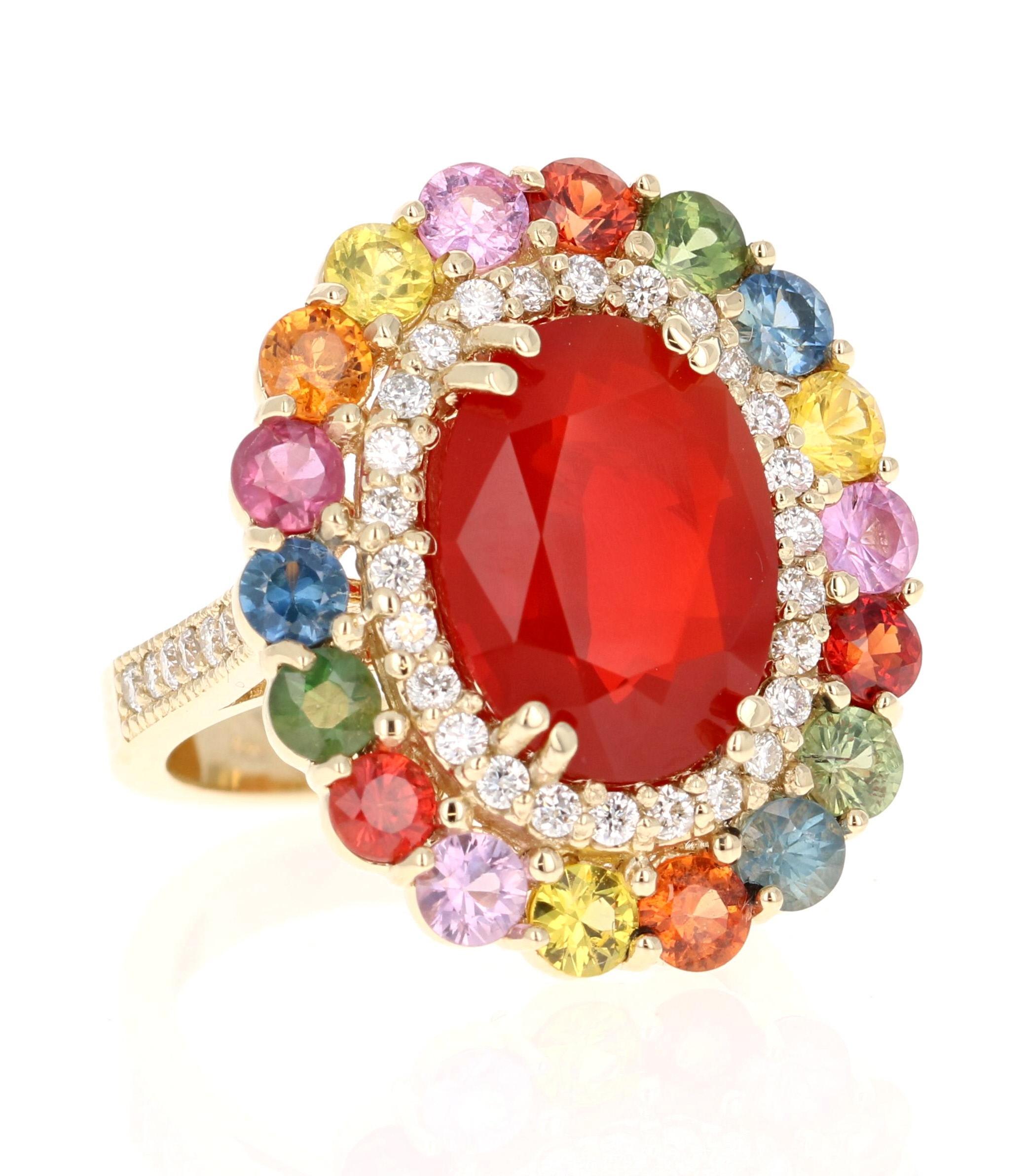 This gemstone statement ring features a captivating 3.85-carat Natural Oval Cut Red Mexican Fire Opal as the centerpiece, making it an eye-catching cocktail ring. Accentuating the opal are 3.01 carats of vibrant Natural Round Cut Multicolor