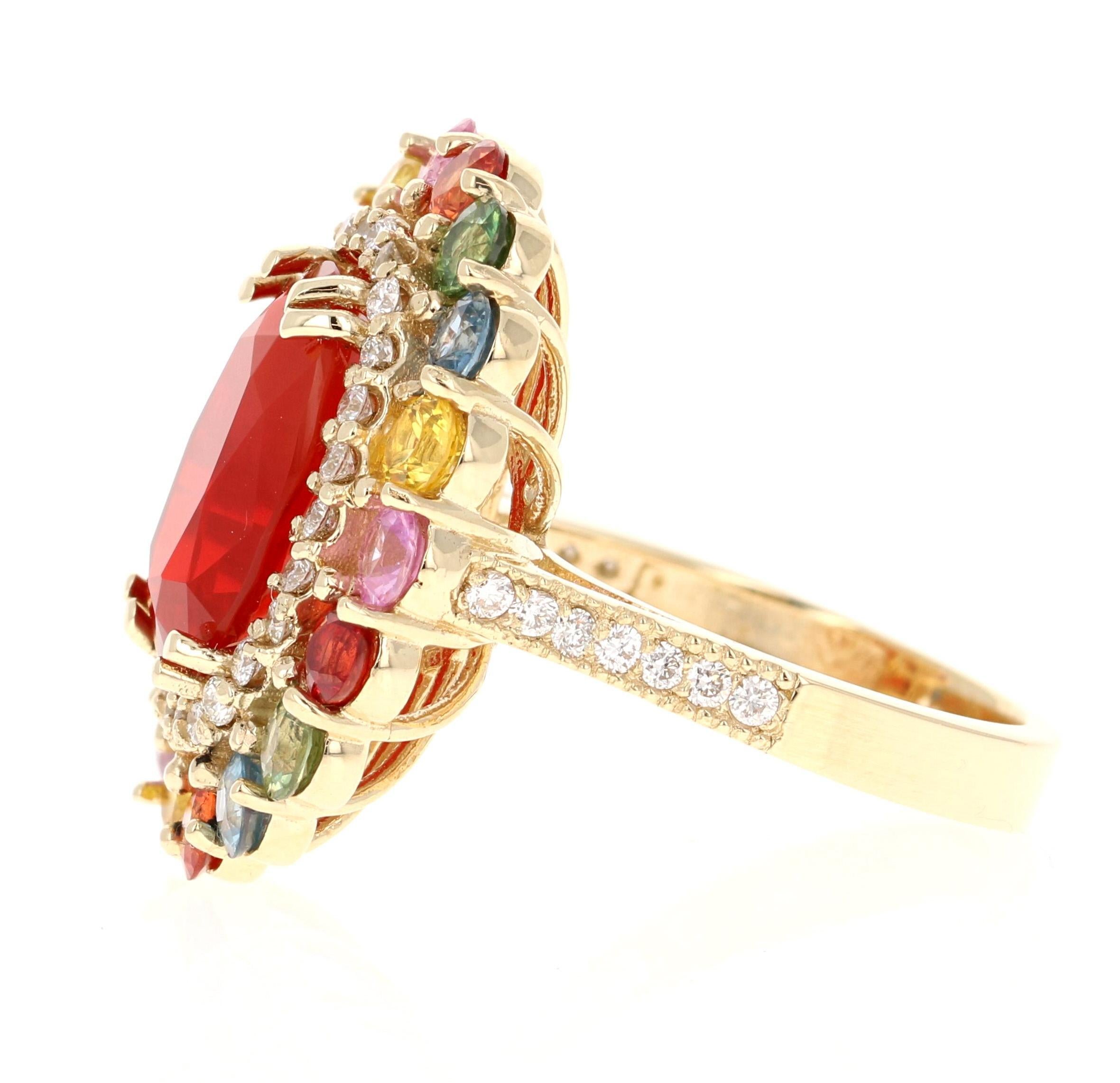 Contemporary 7.40 Carat Fire Opal Sapphire Diamond 14 Karat Yellow Gold Cocktail Ring For Sale