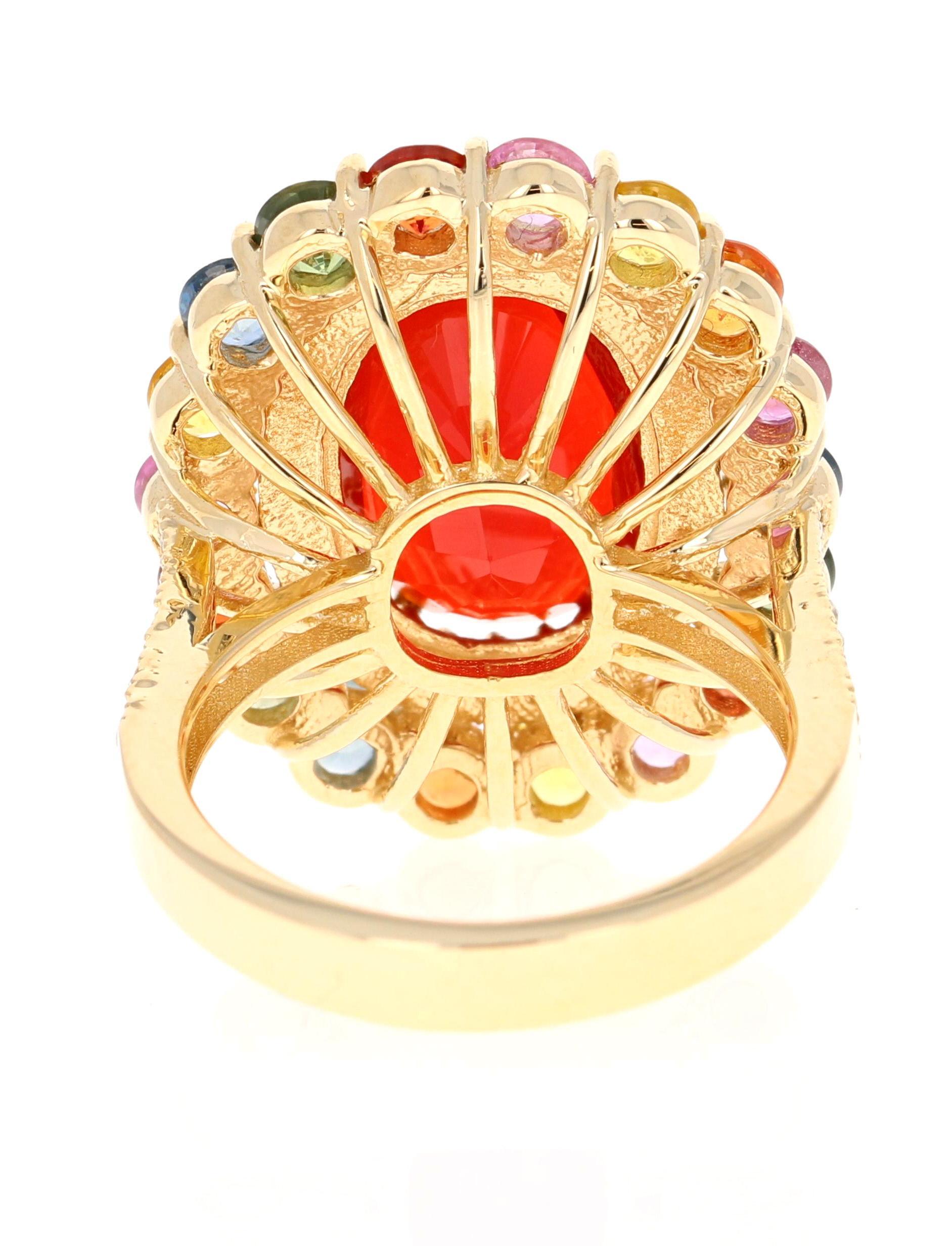 Oval Cut 7.40 Carat Fire Opal Sapphire Diamond 14 Karat Yellow Gold Cocktail Ring For Sale