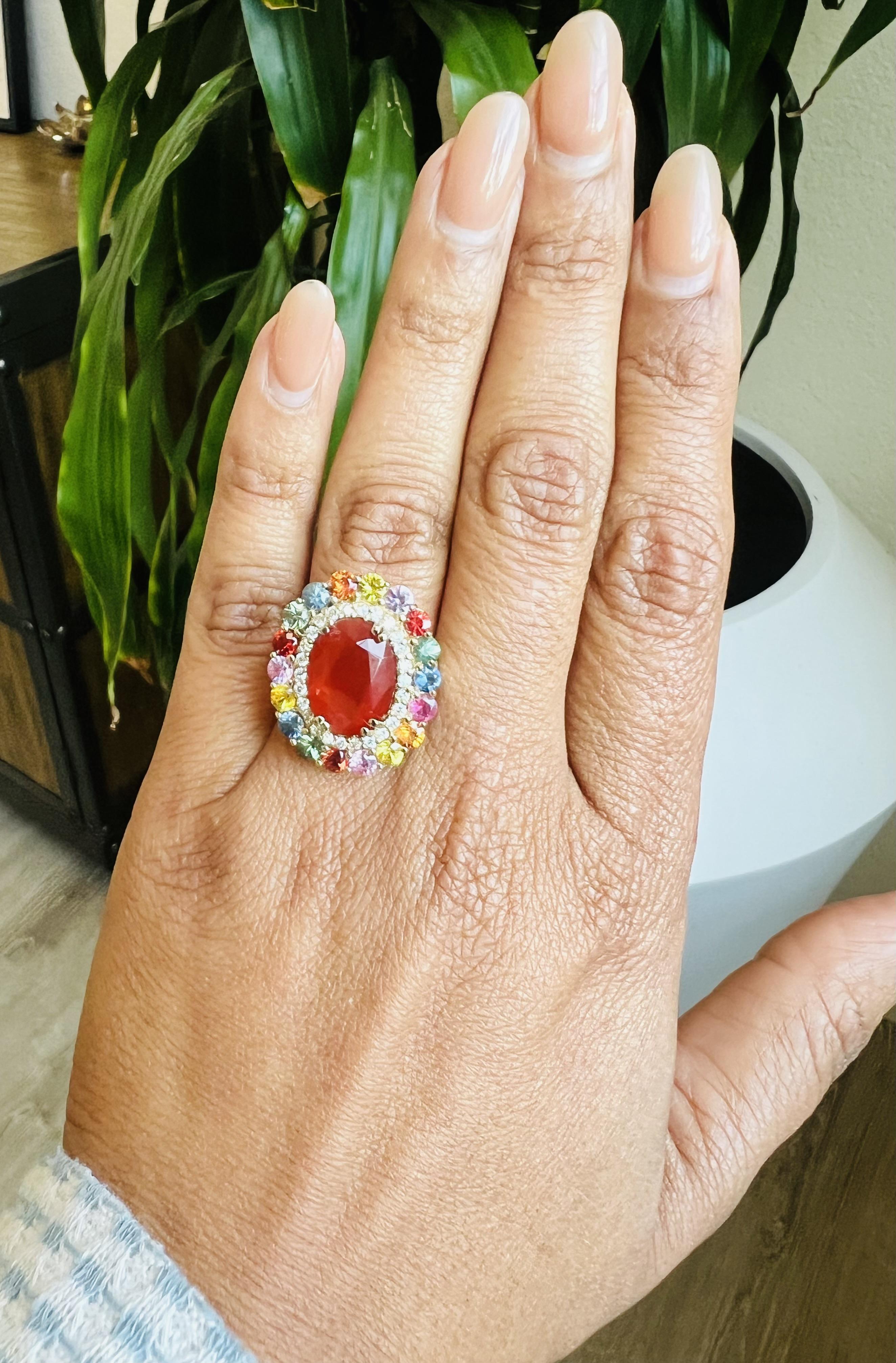 7.40 Carat Fire Opal Sapphire Diamond 14 Karat Yellow Gold Cocktail Ring In New Condition For Sale In Los Angeles, CA