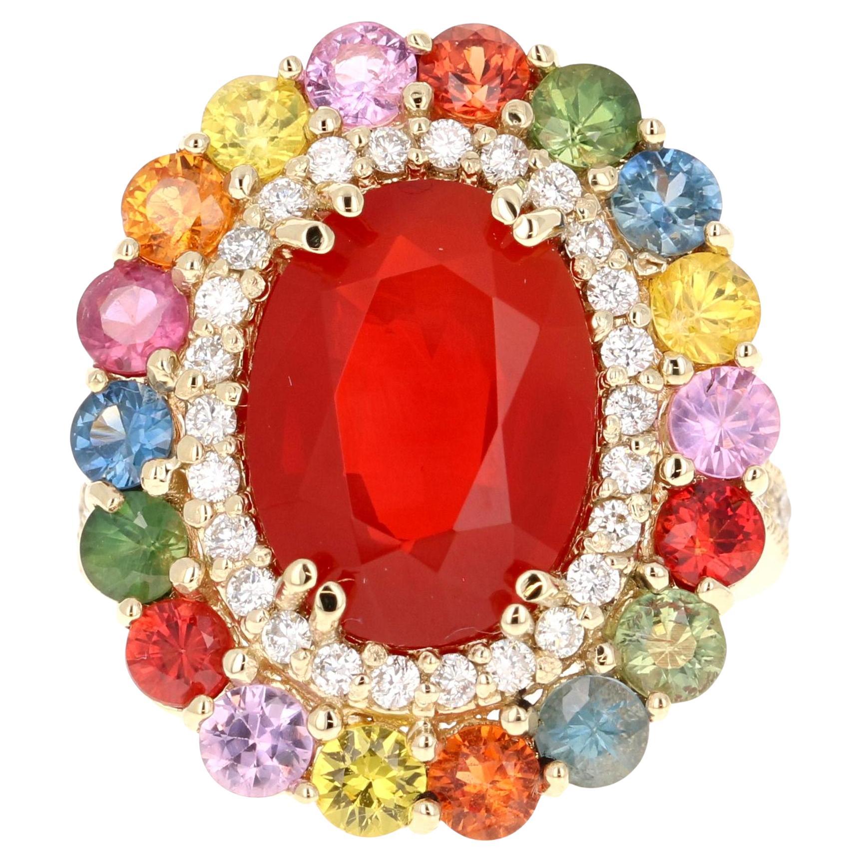 7.40 Carat Fire Opal Sapphire Diamond 14 Karat Yellow Gold Cocktail Ring
